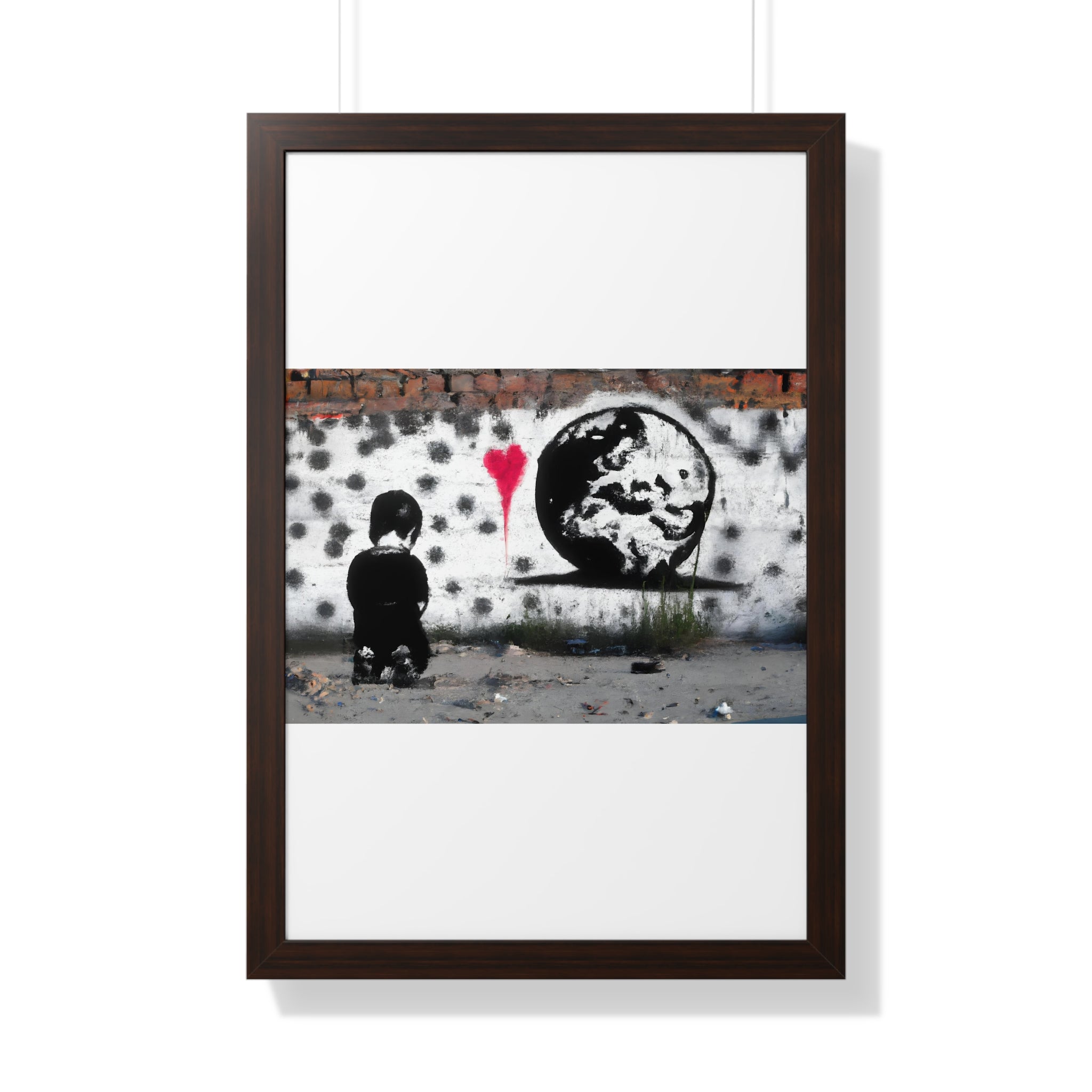 "BANKSY-STYLE GRAFFITI OF A SAD CHILD LOOKING AT DESTROYED EARTH" Framed Vertical Poster