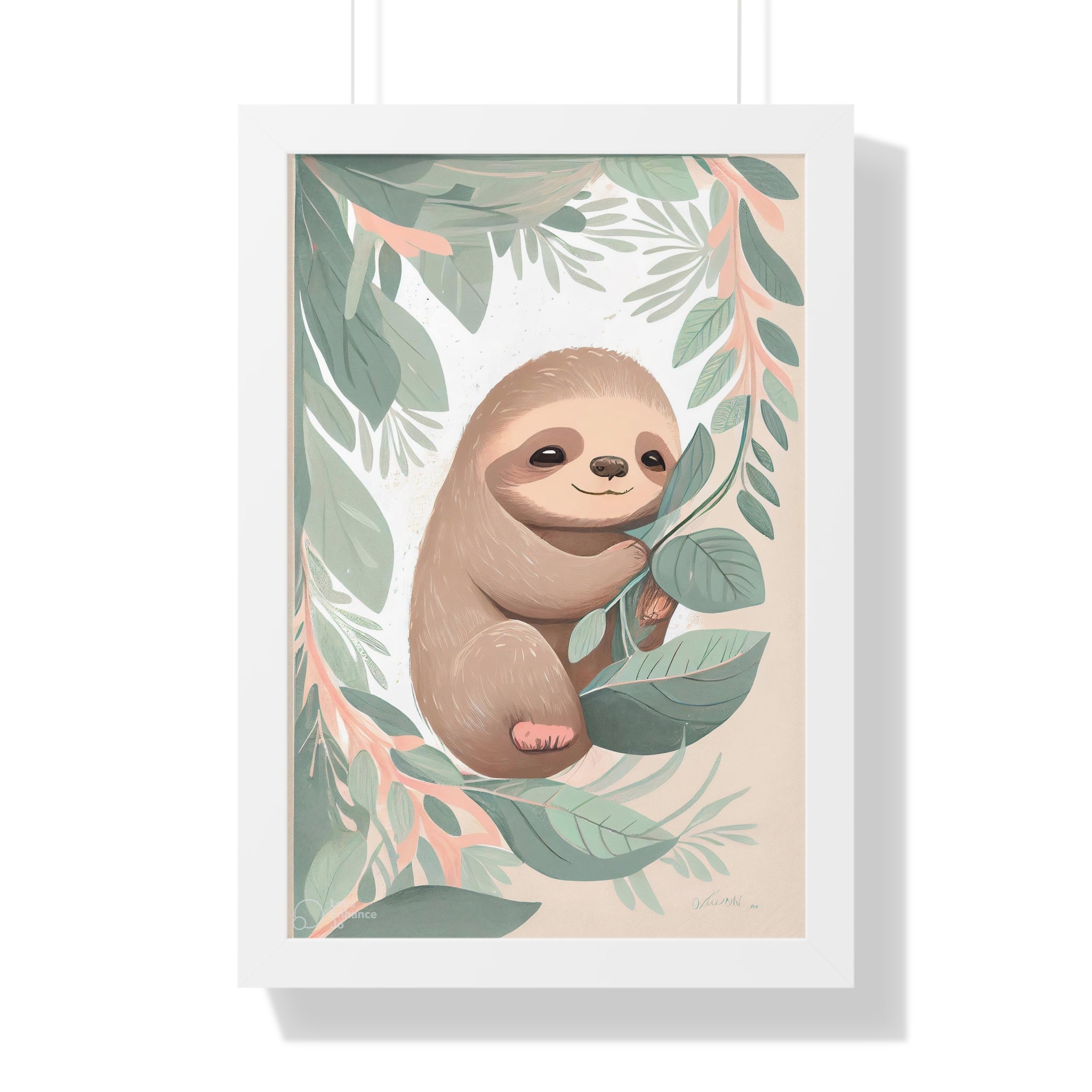 "ABSTRACT BABY SLOTH ON LEAF" Framed Vertical Poster