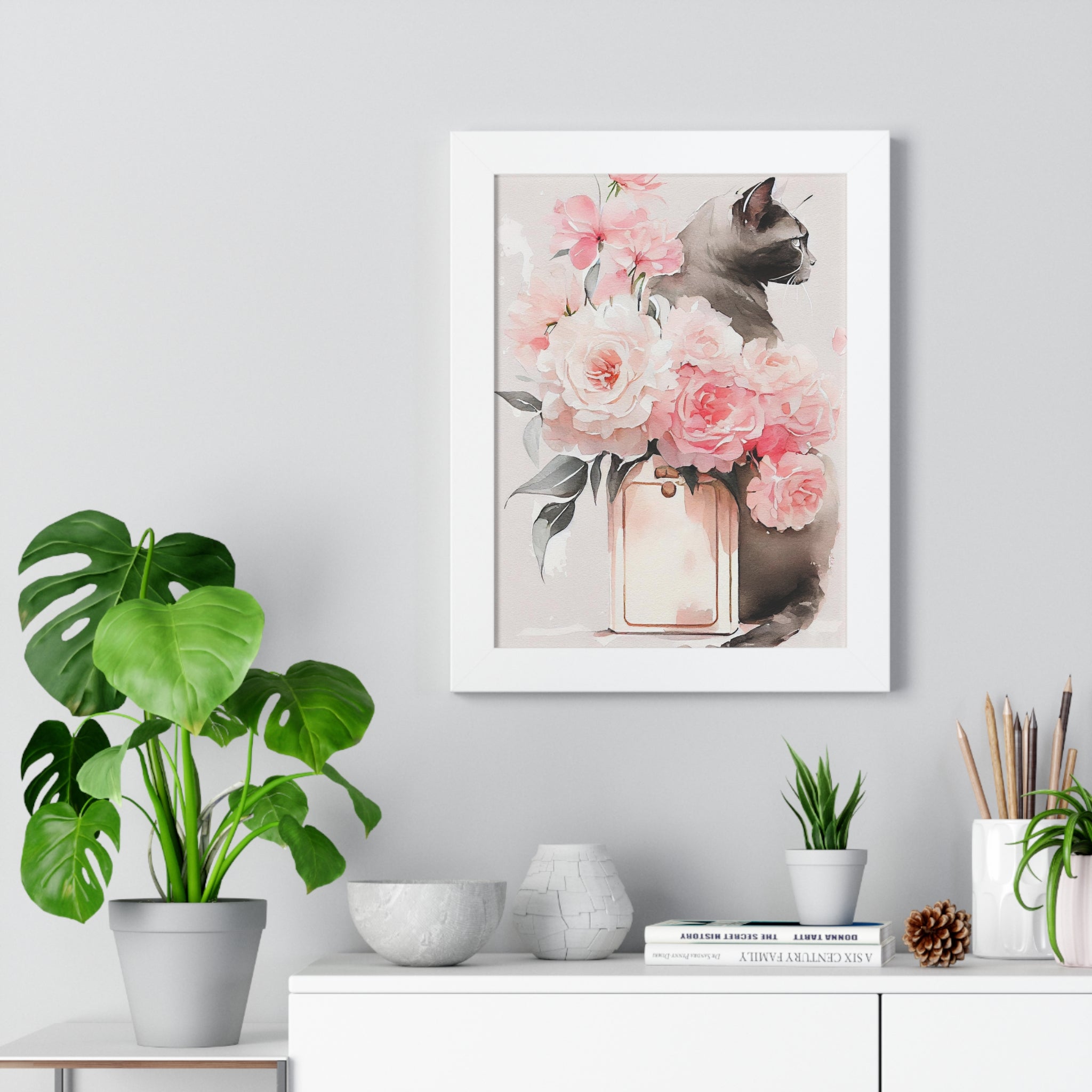 "BLACK CAT PERFUME PEONIES" Framed Vertical Poster