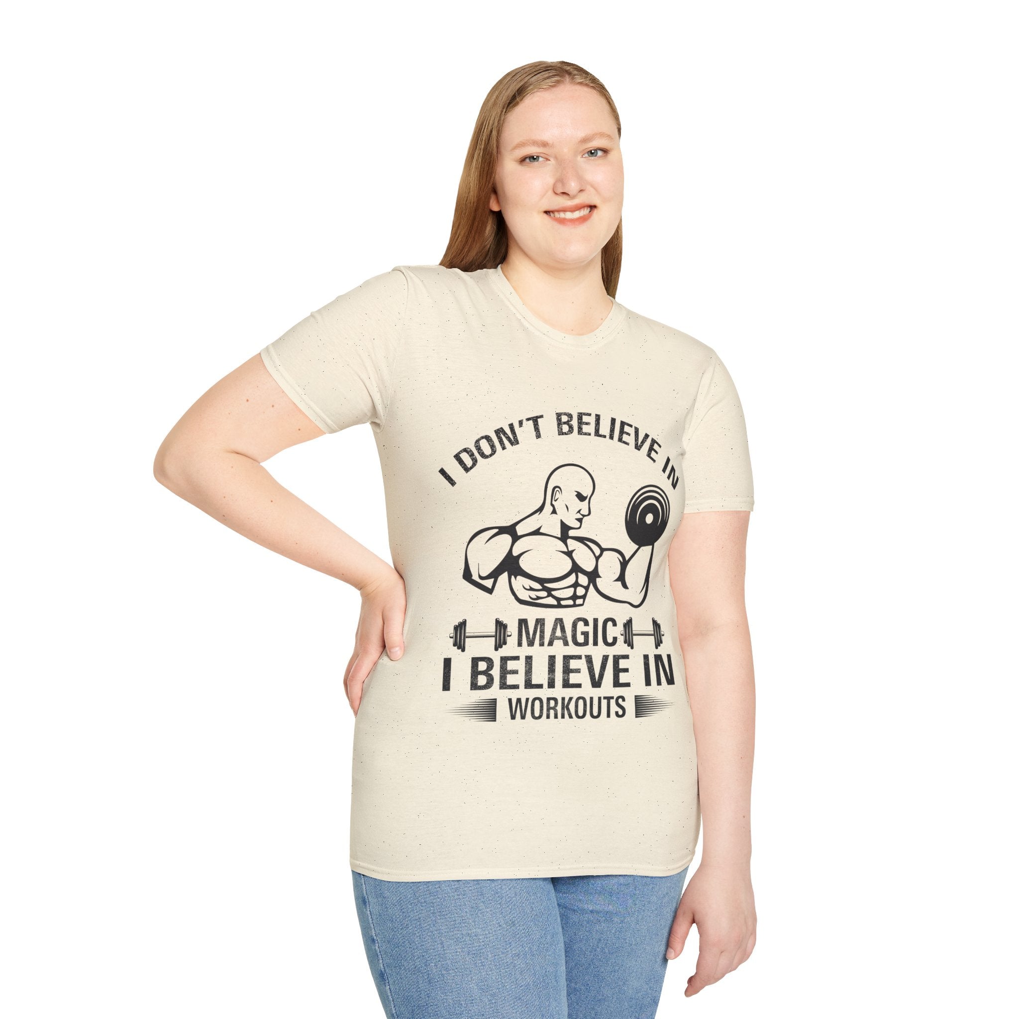 "I Don't Believe In Magic I Believe In Workouts" Unisex Soft style T-Shirt