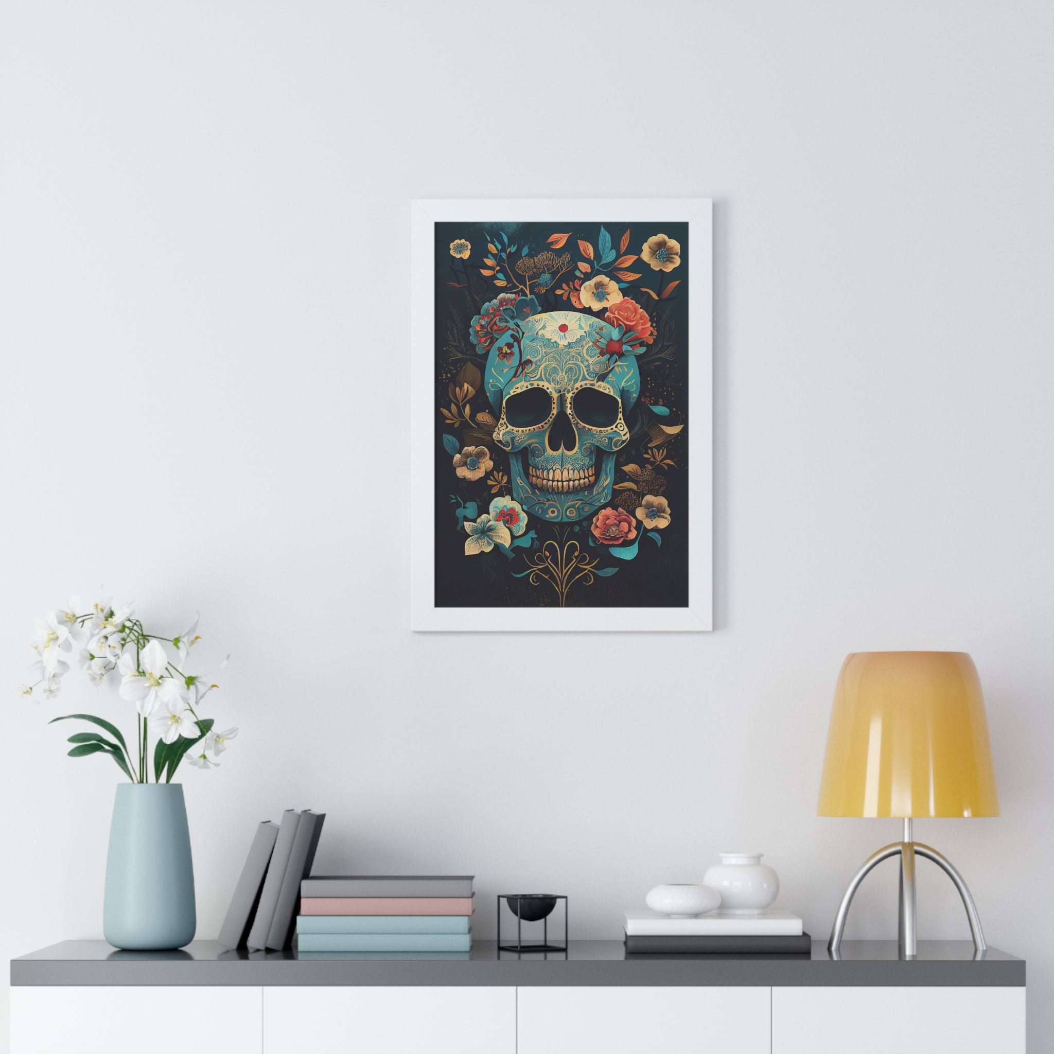 "BLUE CHINOISERIE SUGAR SKULL" Framed Vertical Poster