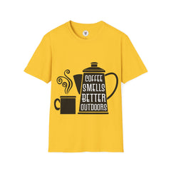 "COFFEE SMELLS BETTER OUTDOORS" Unisex Soft style T-Shirt