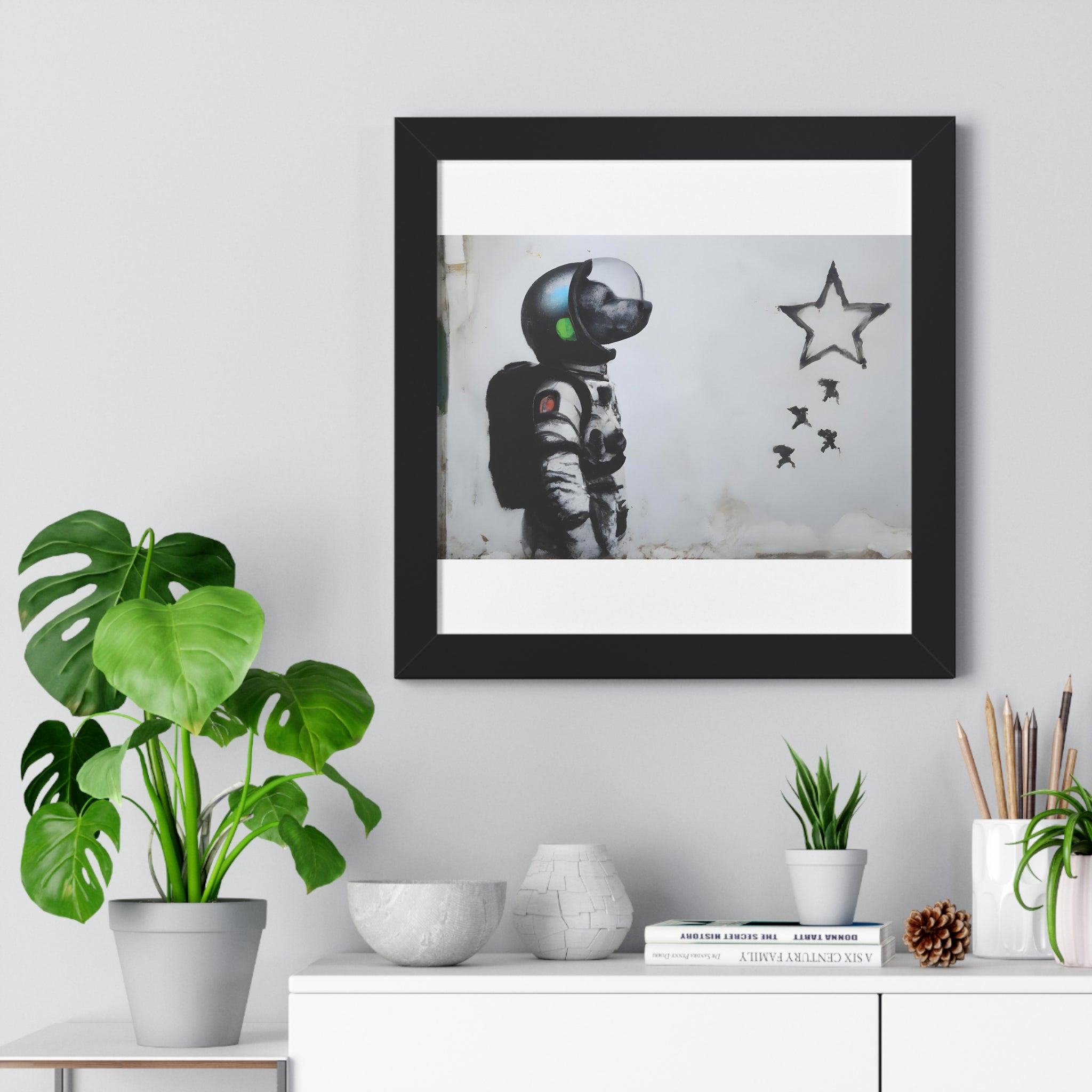 "BANKSY-STYLE ASTRONAUT DOG LOOKING TO THE STARS" Framed Vertical Poster