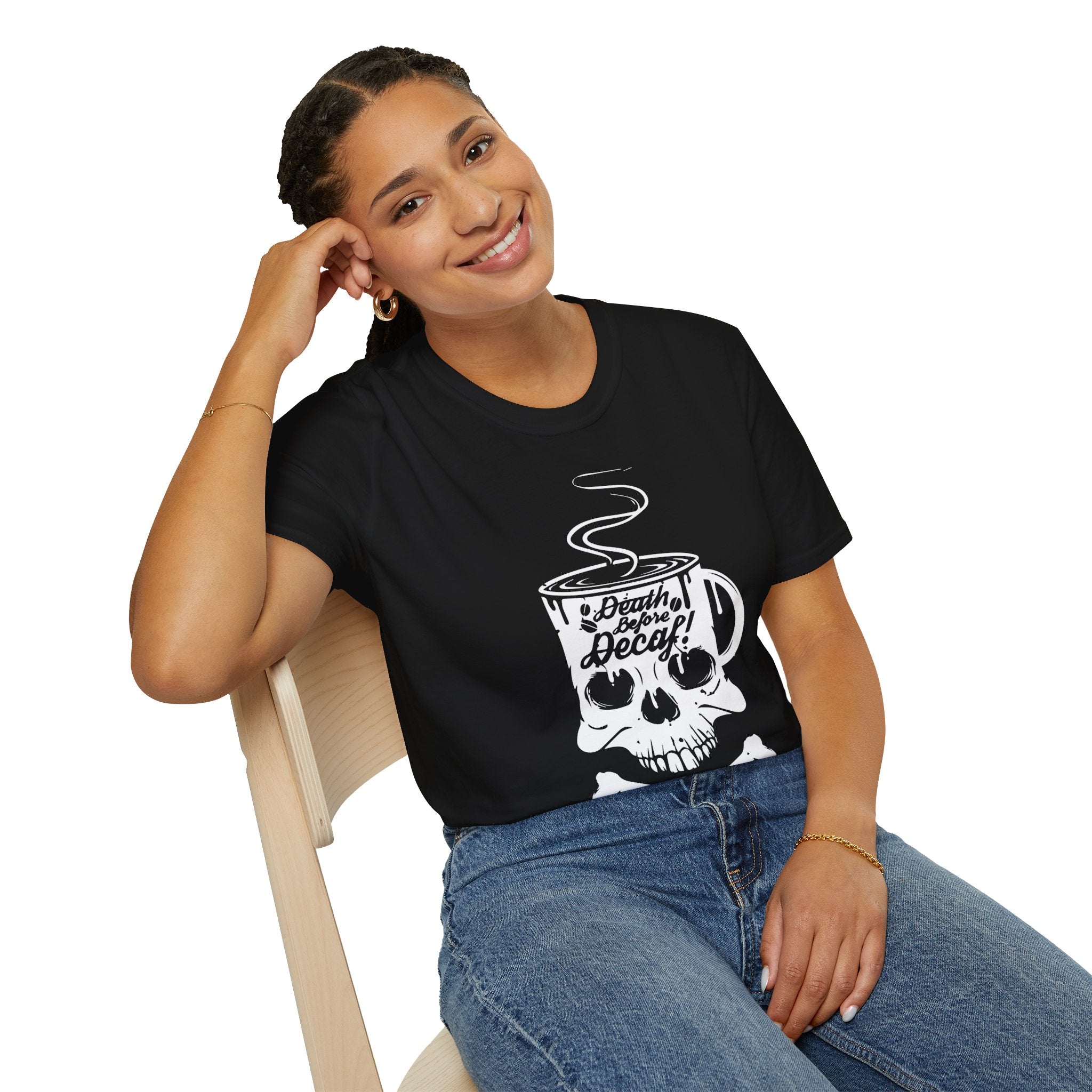 "DEATH BEFORE DECAF!" Unisex Soft style T-Shirt