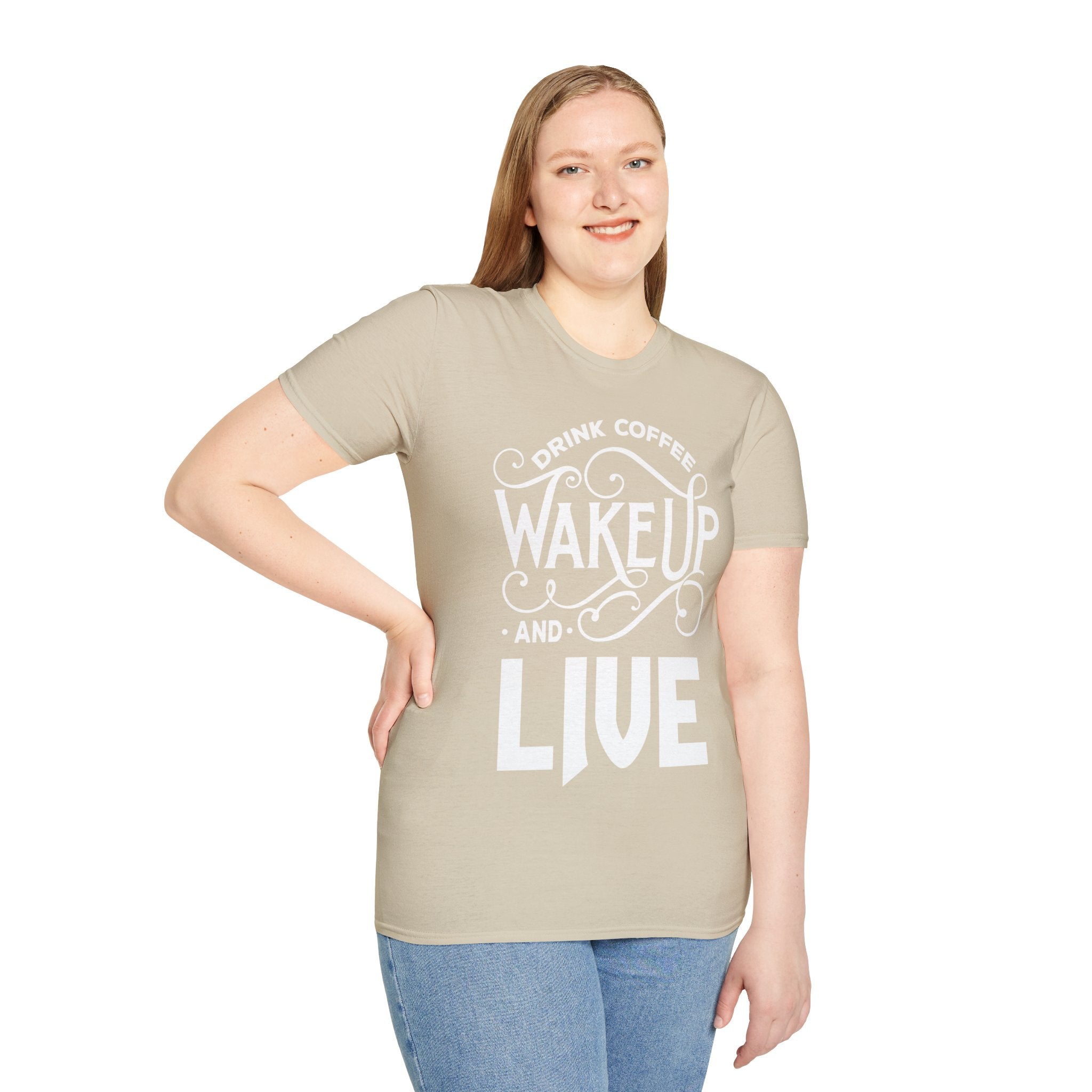 "DRINK COFFEE WAKE UP AND LIVE" Unisex Soft style T-Shirt