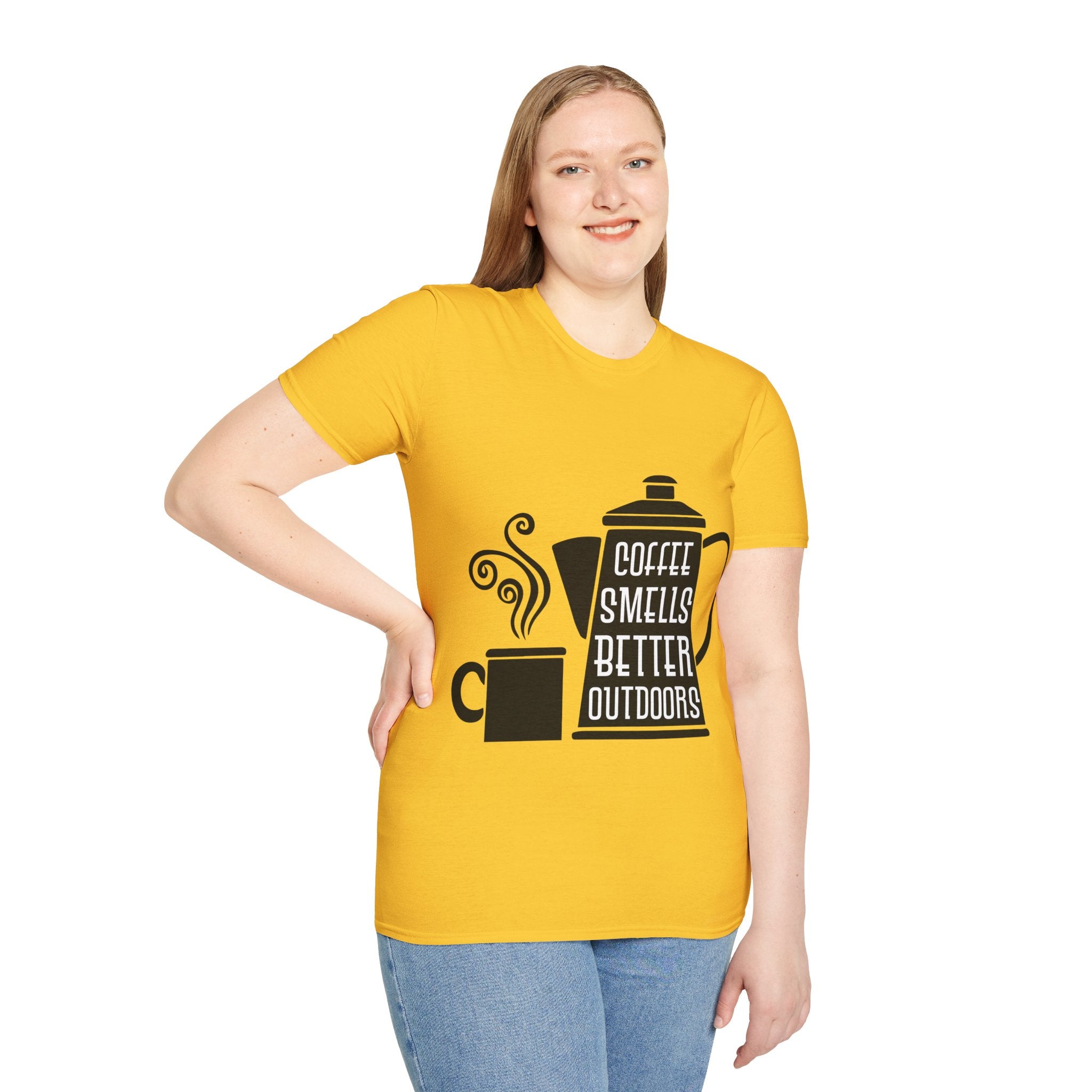 "COFFEE SMELLS BETTER OUTDOORS" Unisex Soft style T-Shirt