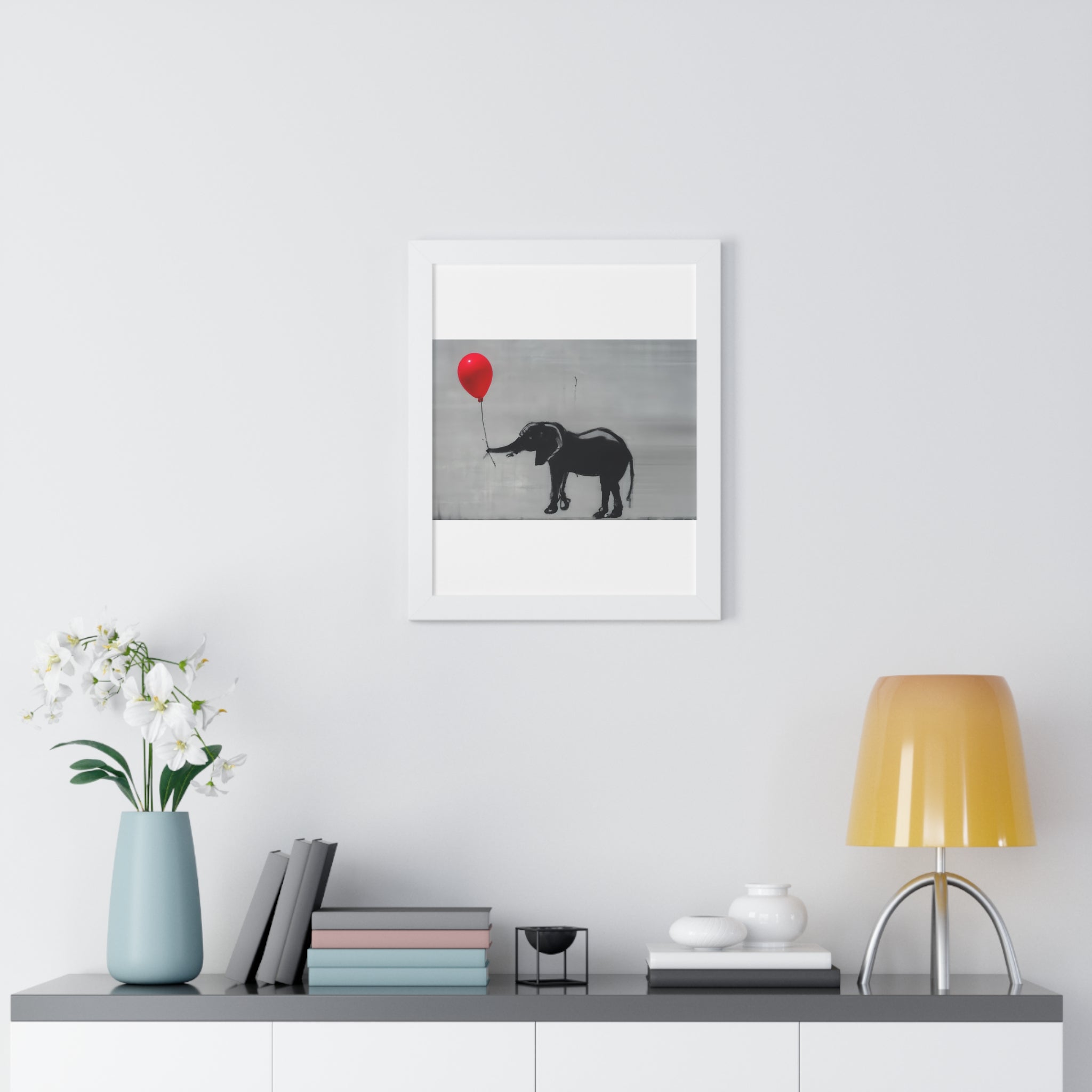 "BANKSY-STYLE ELEPHANT HOLDING A RED BALLOON" Framed Vertical Poster