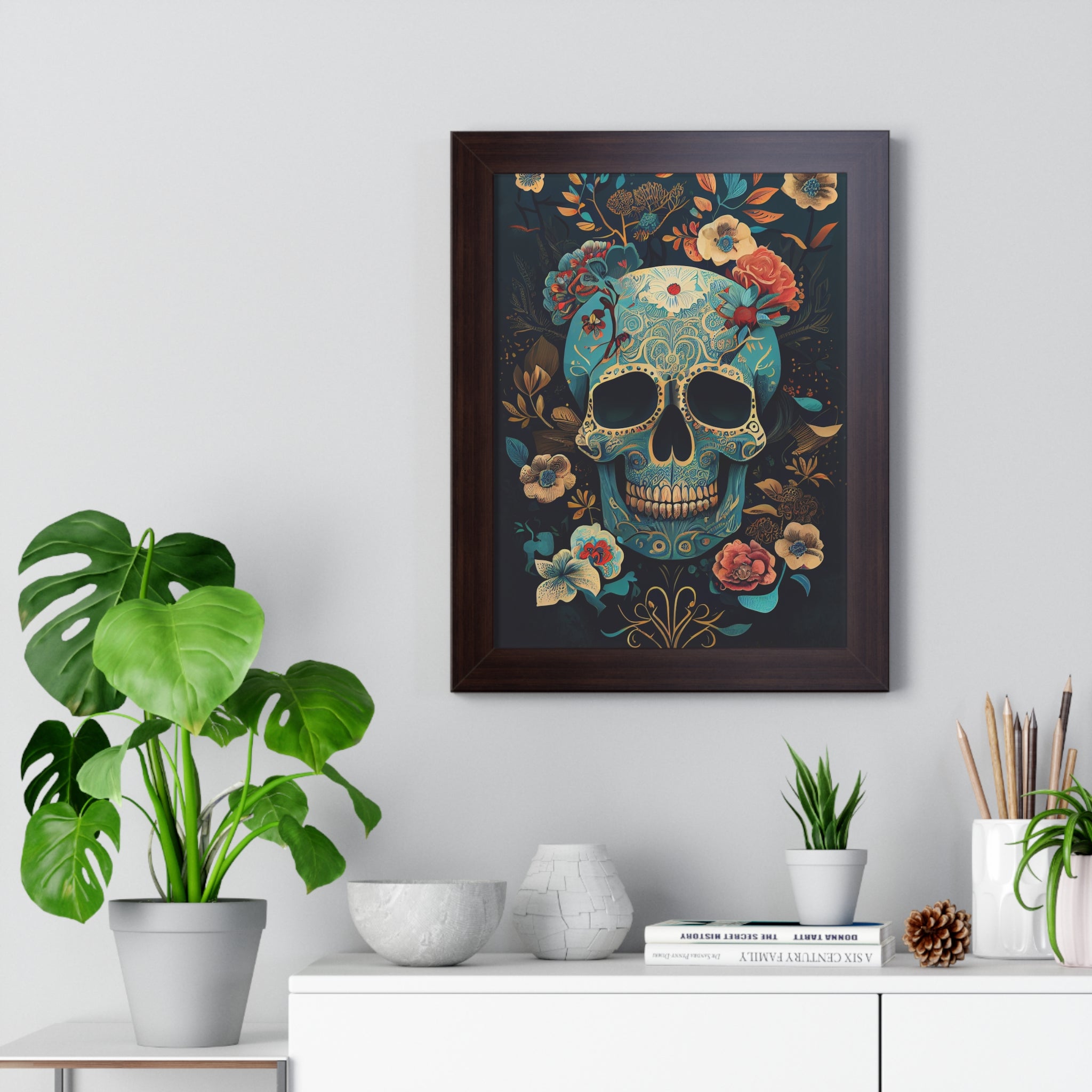 "BLUE CHINOISERIE SUGAR SKULL" Framed Vertical Poster