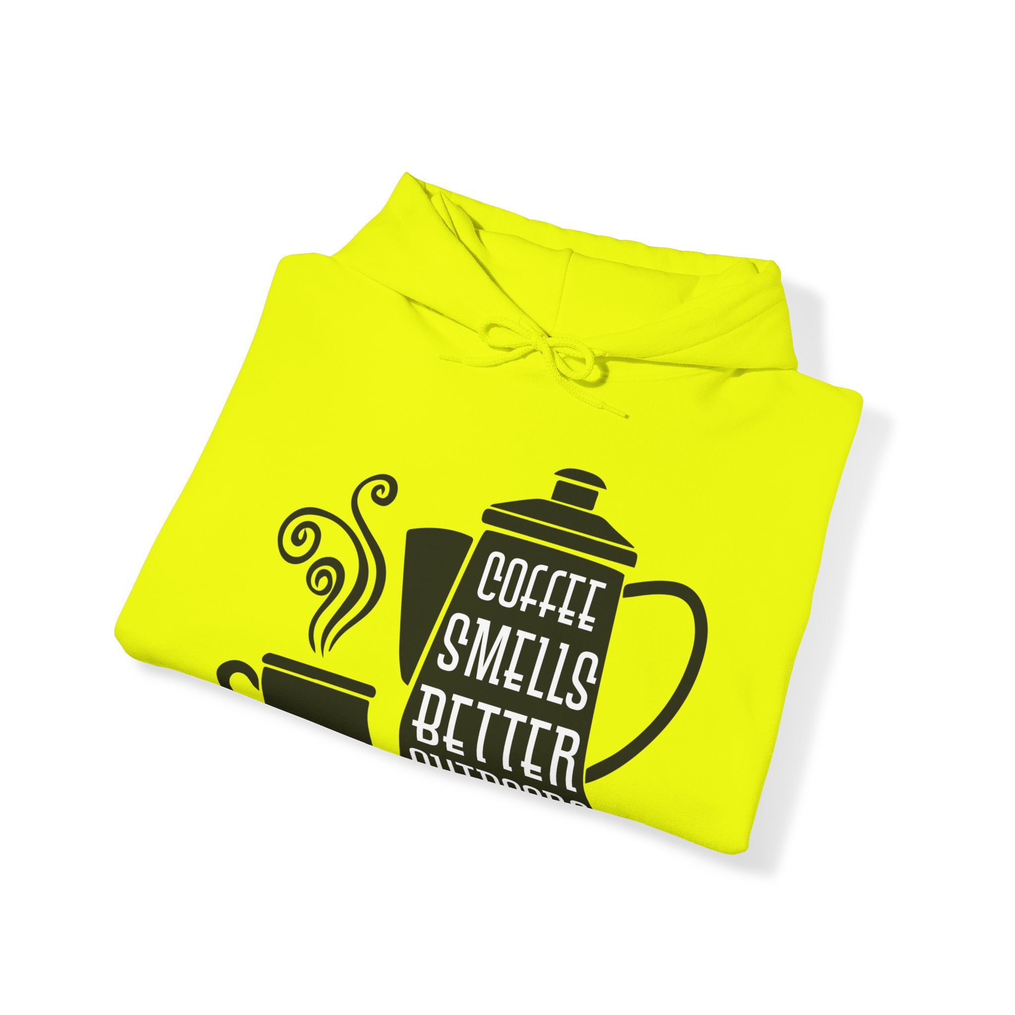 "COFFEE SMELLS BETTER OUTDOORS" Unisex Heavy Blend™ Hooded Sweatshirt