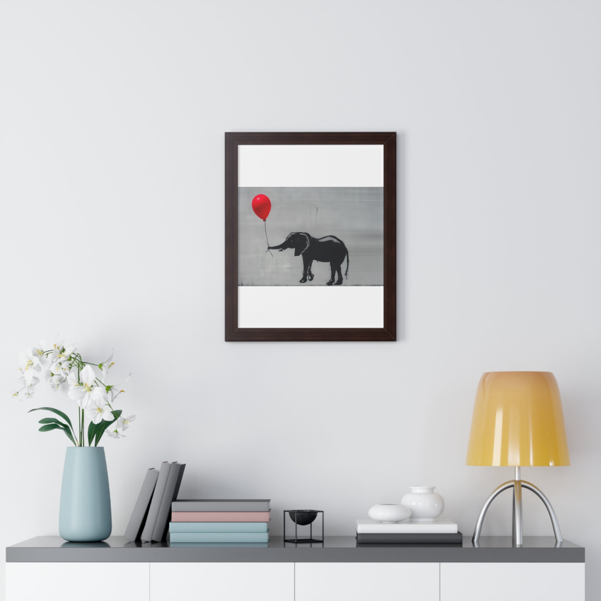 "BANKSY-STYLE ELEPHANT HOLDING A RED BALLOON" Framed Vertical Poster