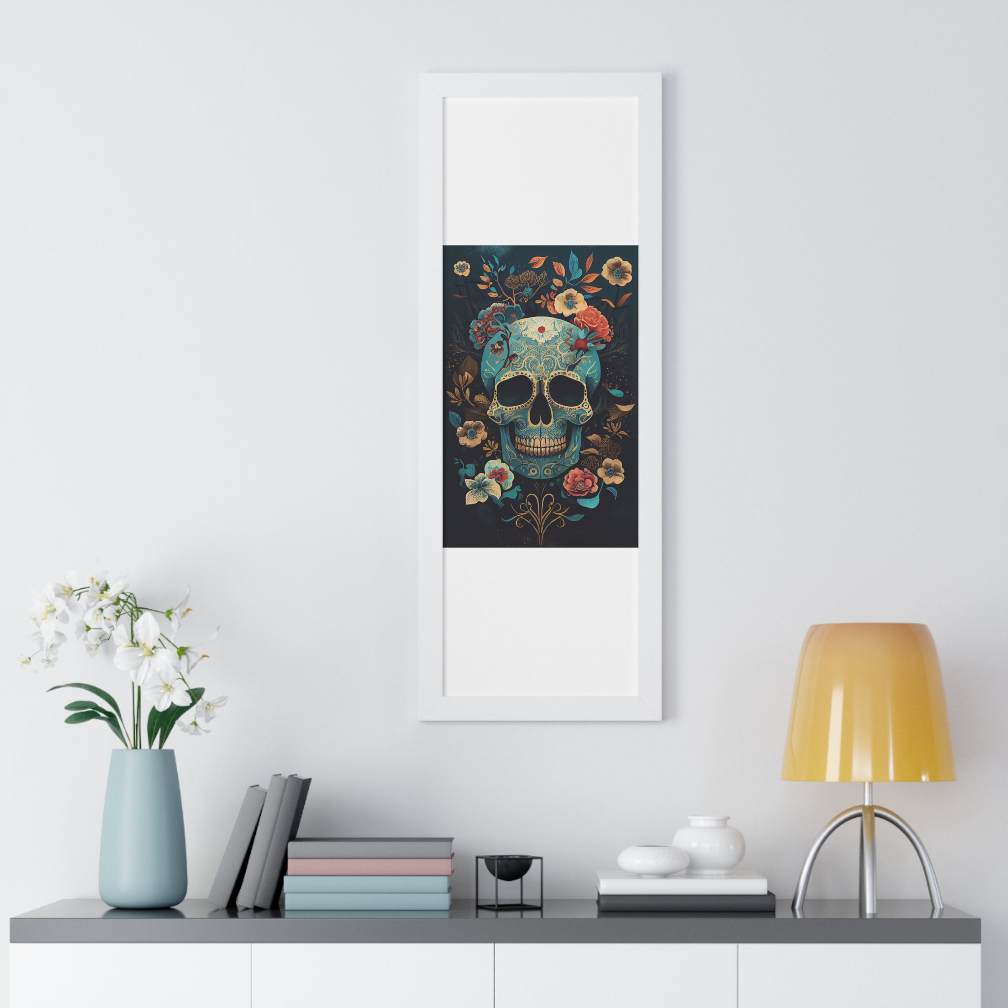 "BLUE CHINOISERIE SUGAR SKULL" Framed Vertical Poster