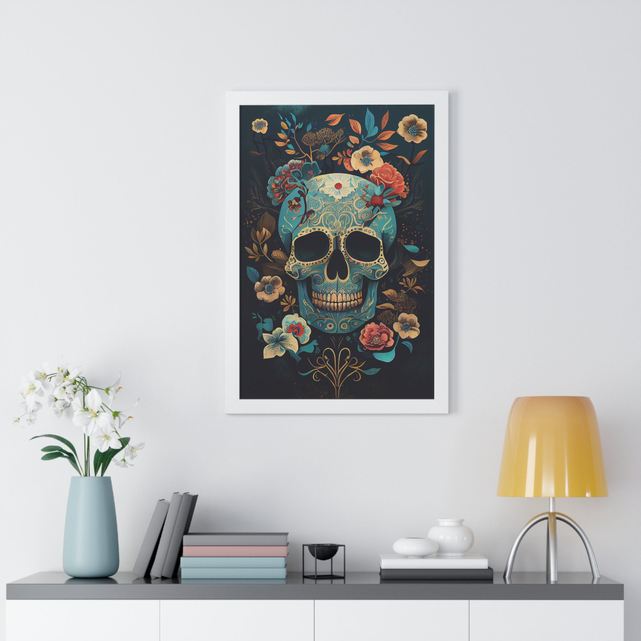 "BLUE CHINOISERIE SUGAR SKULL" Framed Vertical Poster