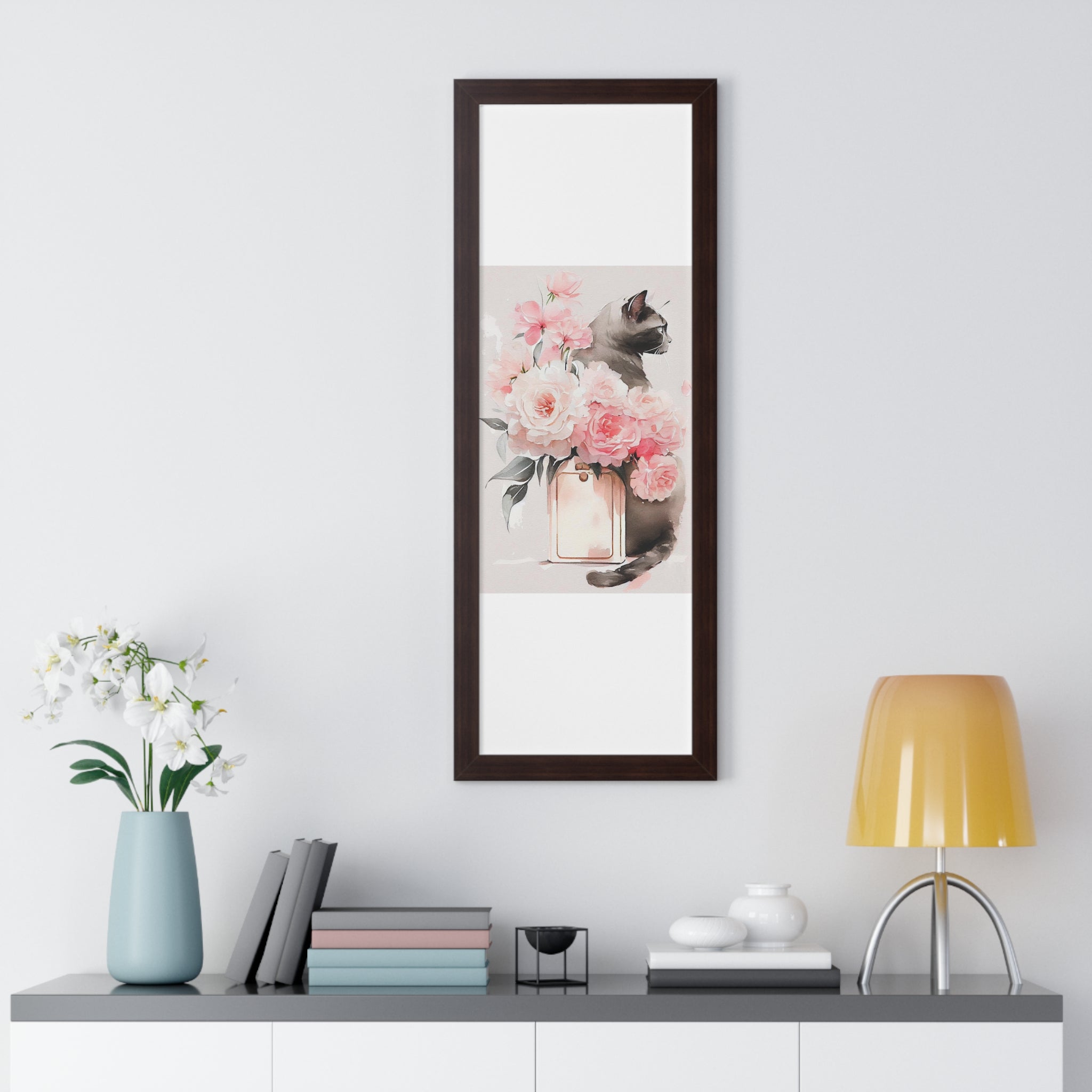 "BLACK CAT PERFUME PEONIES" Framed Vertical Poster