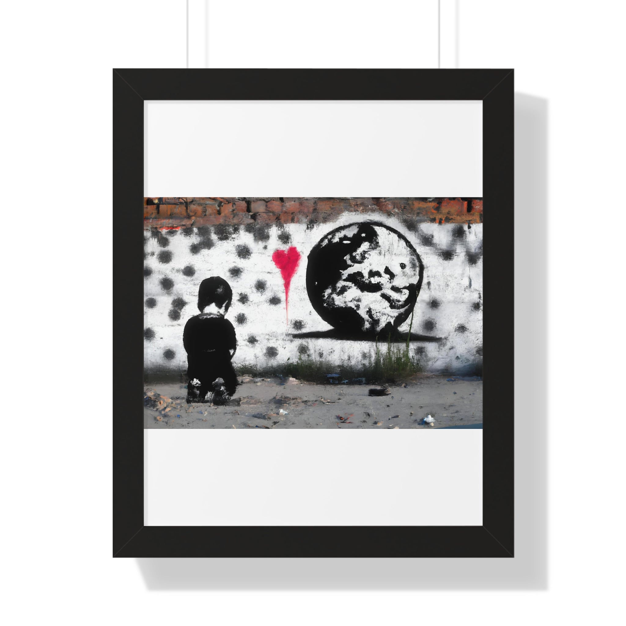 "BANKSY-STYLE GRAFFITI OF A SAD CHILD LOOKING AT DESTROYED EARTH" Framed Vertical Poster