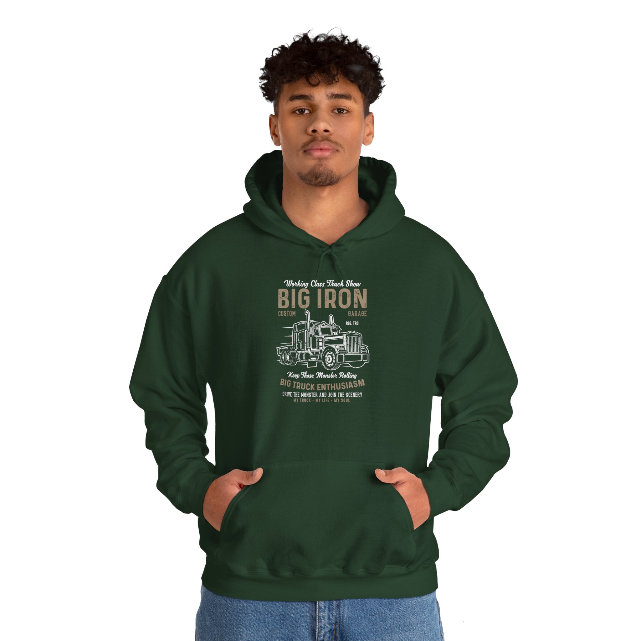 "BIG IRON CUSTOM GARAGE BIG TRUCK ENTHUSIASM" Unisex Heavy Blend™ Hooded Sweatshirt