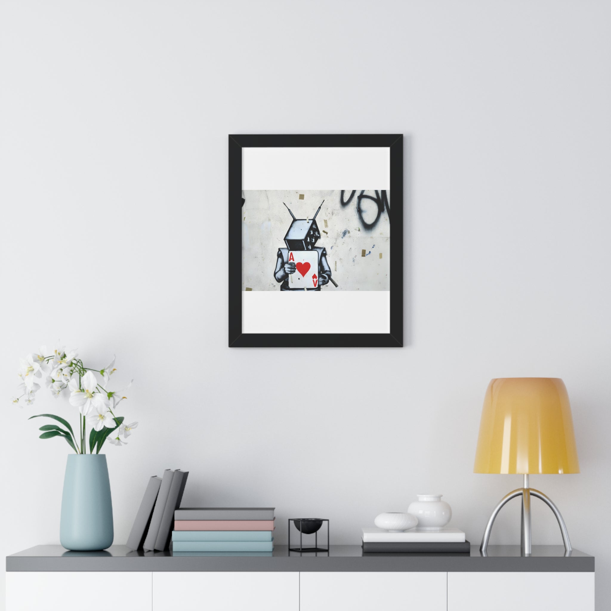 "BANKSY-STYLE GRAFFITI OF A ROBOT PLAYING CARDS" Framed Vertical Poster