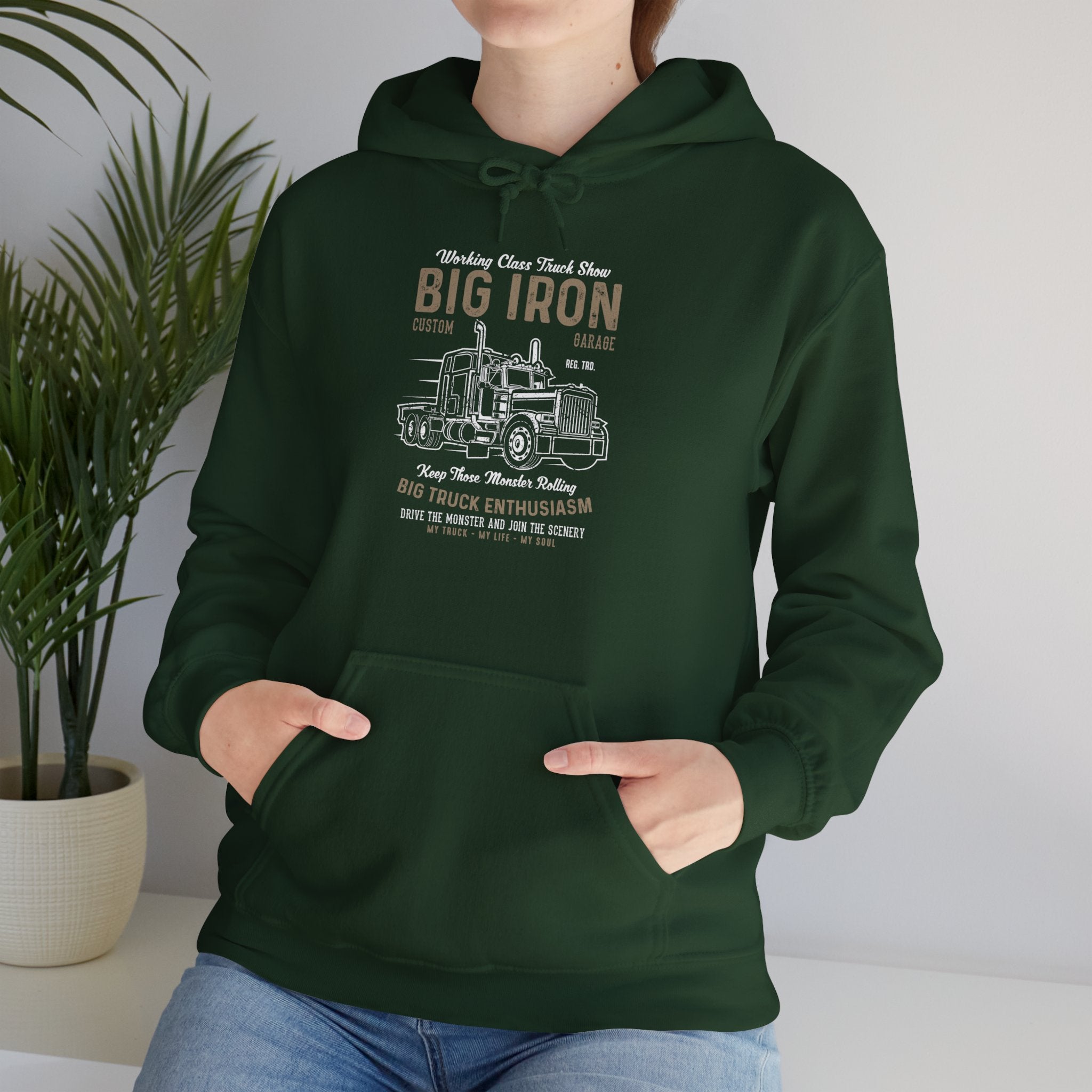 "BIG IRON CUSTOM GARAGE BIG TRUCK ENTHUSIASM" Unisex Heavy Blend™ Hooded Sweatshirt