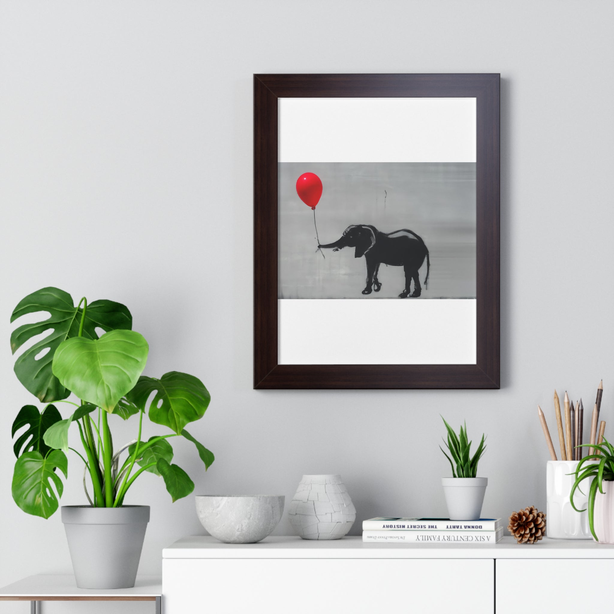 "BANKSY-STYLE ELEPHANT HOLDING A RED BALLOON" Framed Vertical Poster