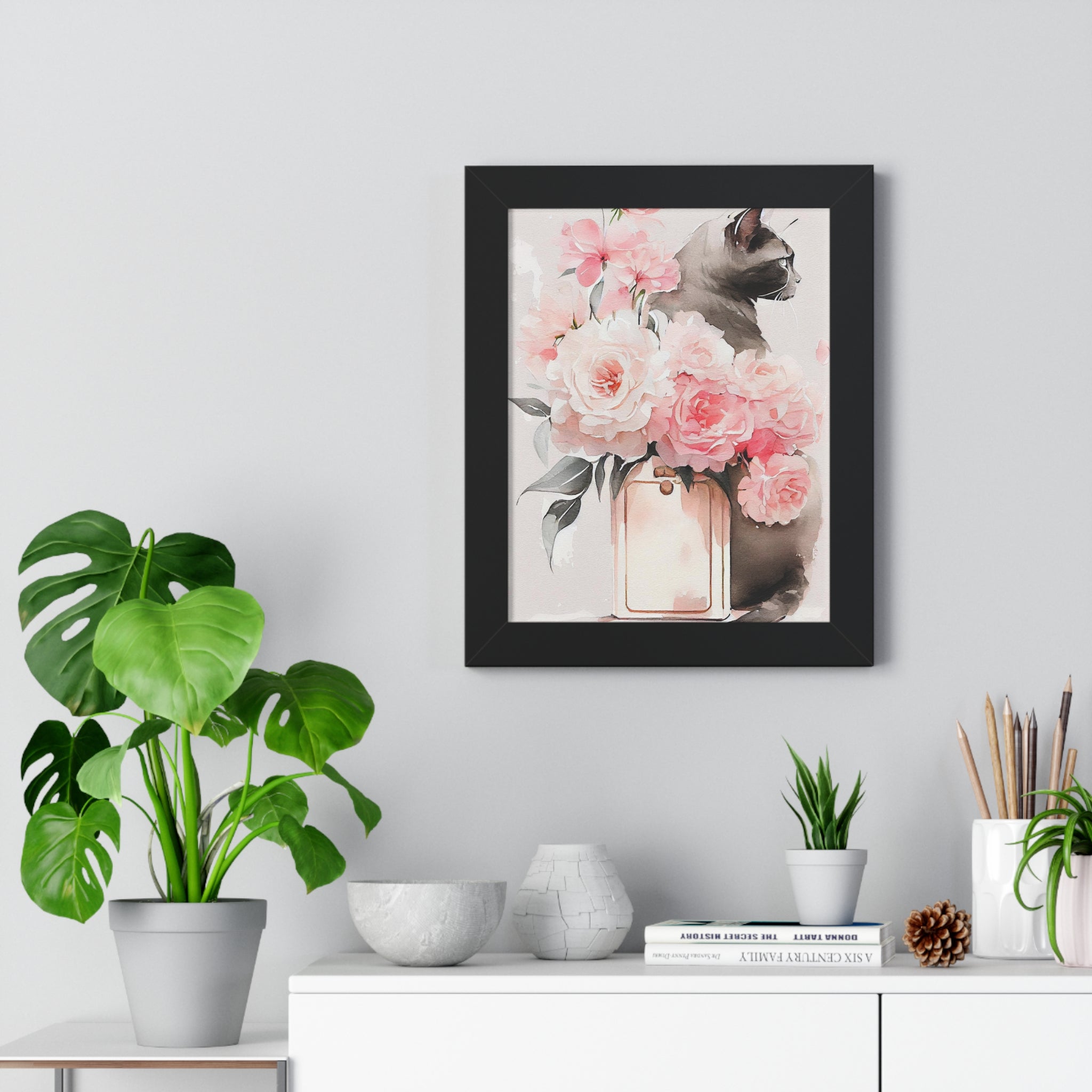 "BLACK CAT PERFUME PEONIES" Framed Vertical Poster