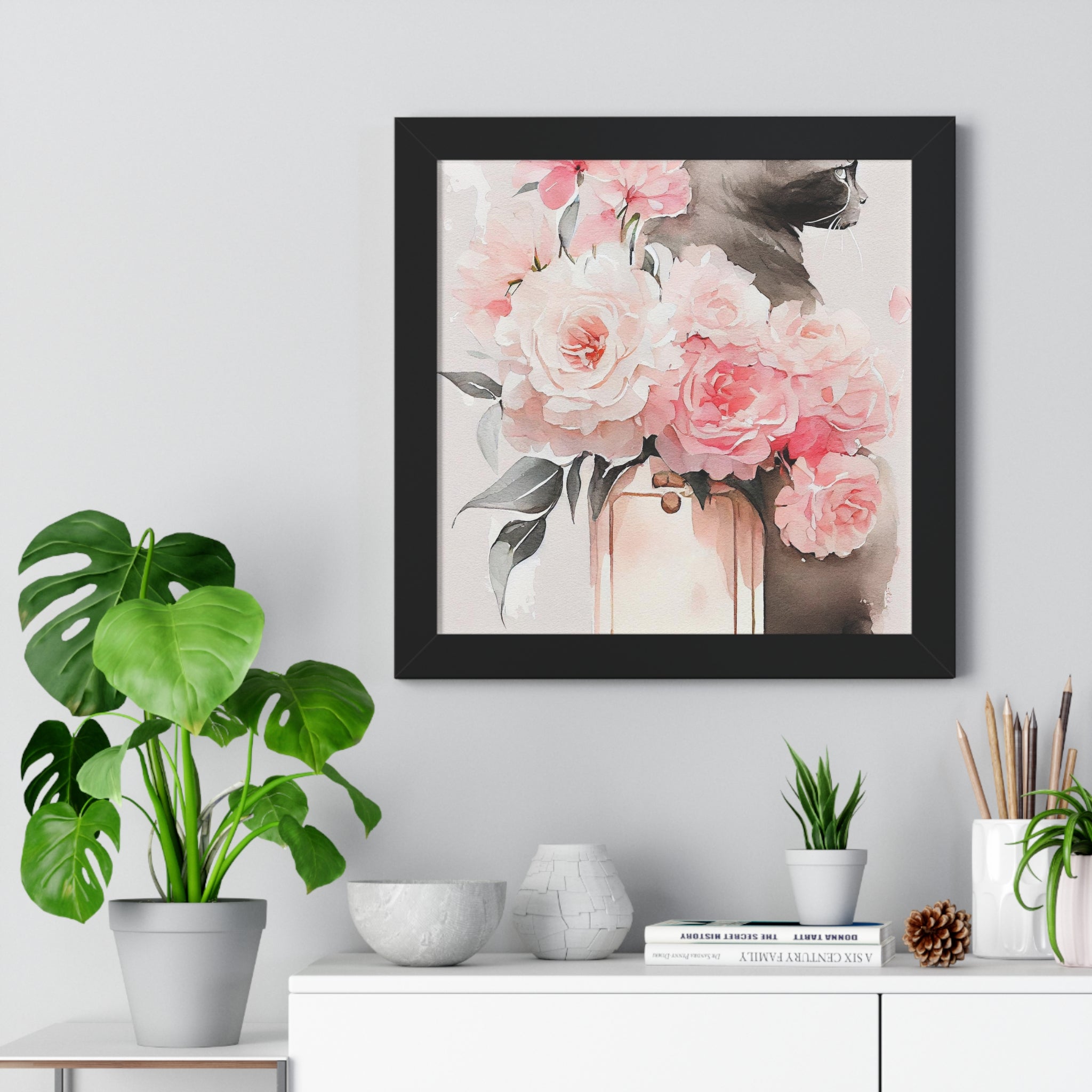 "BLACK CAT PERFUME PEONIES" Framed Vertical Poster