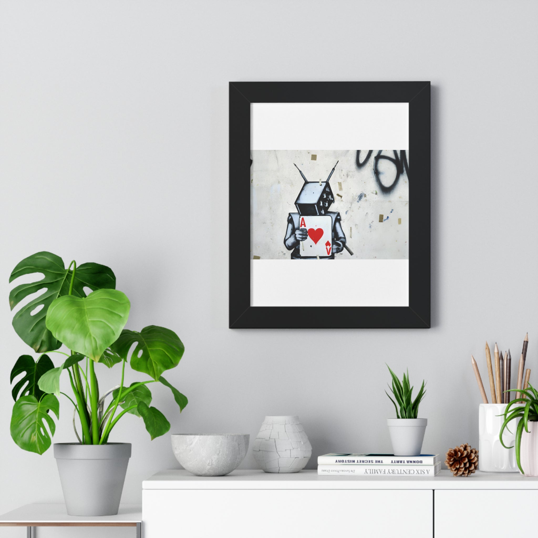 "BANKSY-STYLE GRAFFITI OF A ROBOT PLAYING CARDS" Framed Vertical Poster