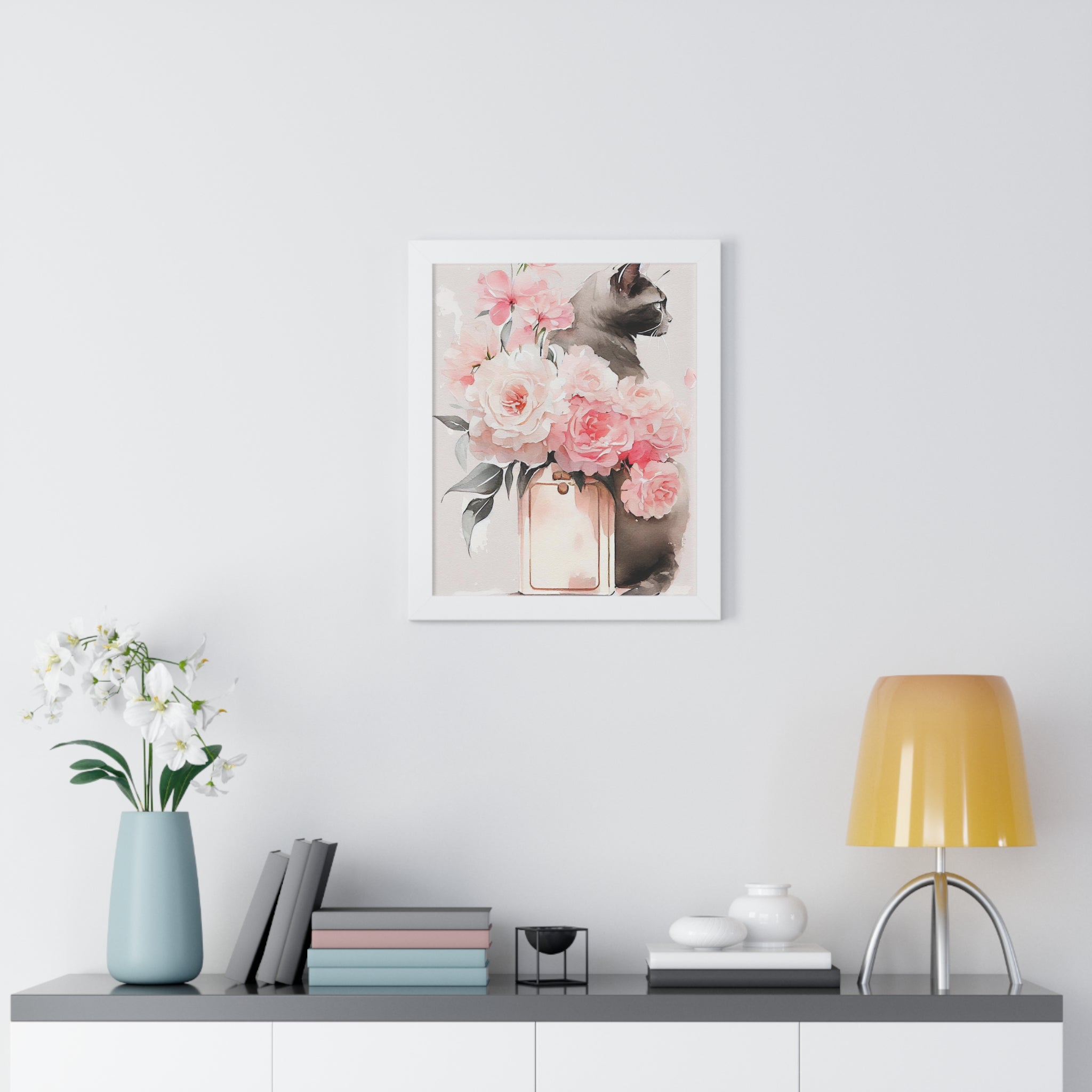 "BLACK CAT PERFUME PEONIES" Framed Vertical Poster