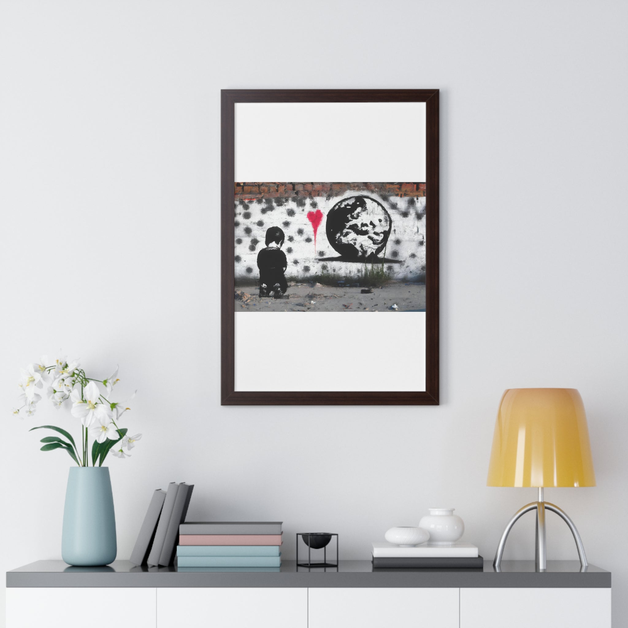 "BANKSY-STYLE GRAFFITI OF A SAD CHILD LOOKING AT DESTROYED EARTH" Framed Vertical Poster