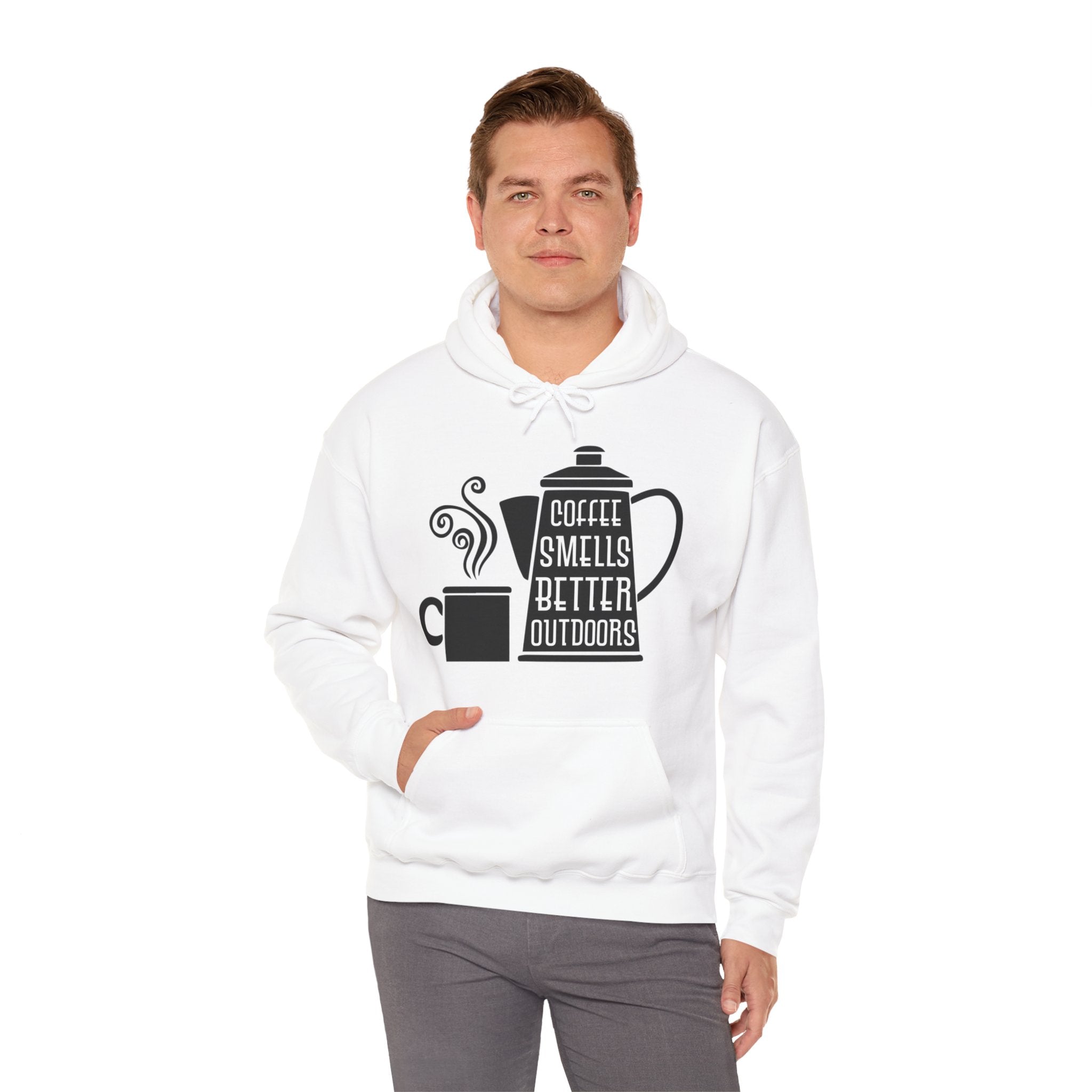 "COFFEE SMELLS BETTER OUTDOORS" Unisex Heavy Blend™ Hooded Sweatshirt