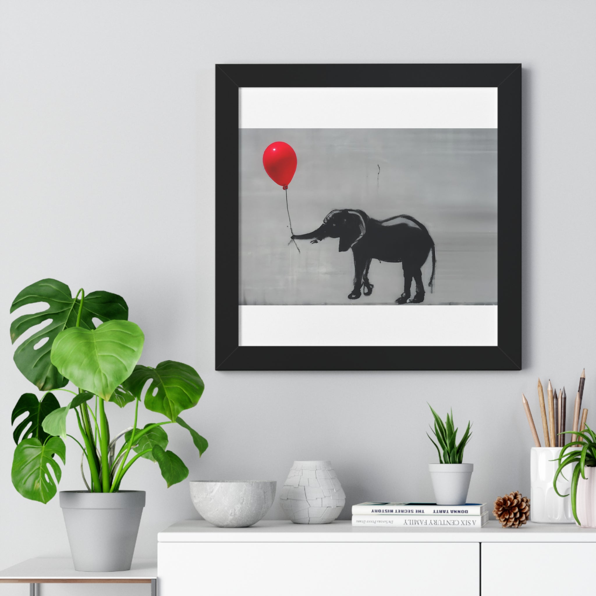 "BANKSY-STYLE ELEPHANT HOLDING A RED BALLOON" Framed Vertical Poster