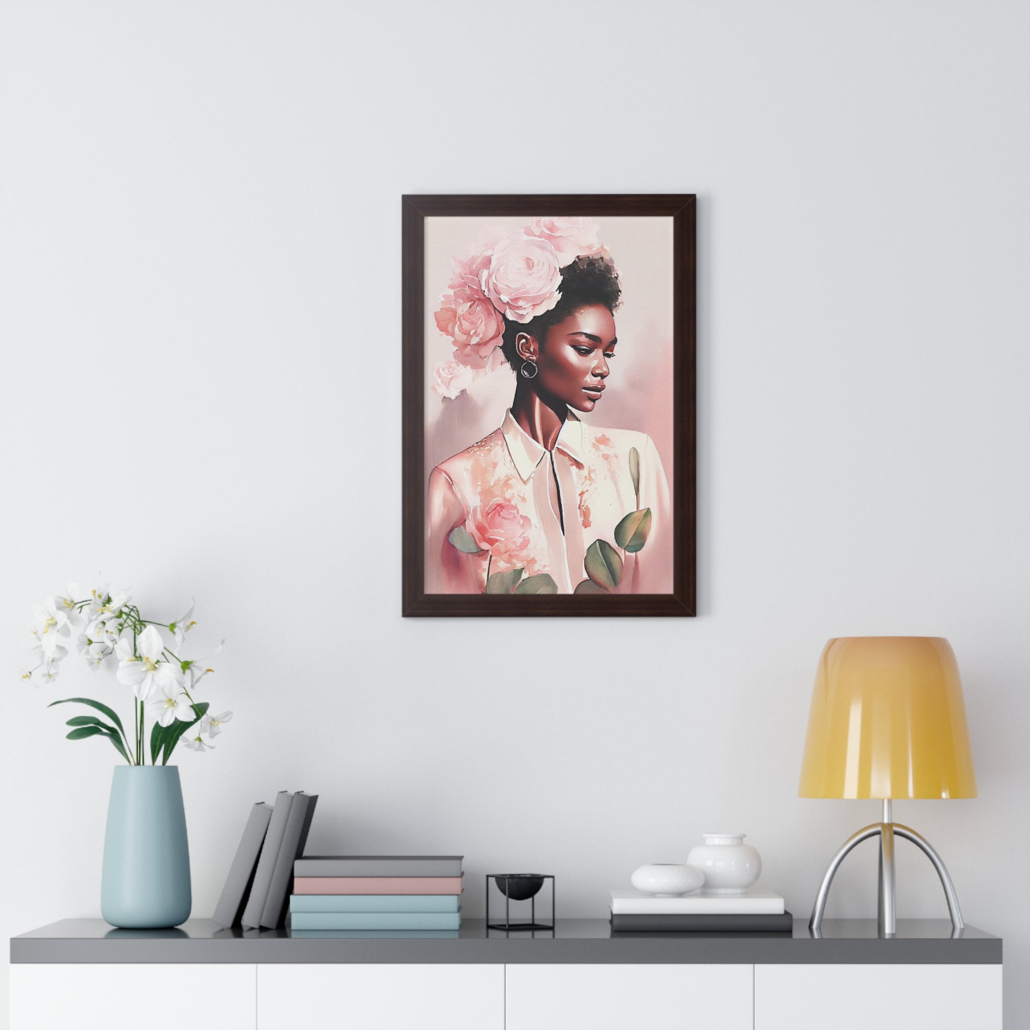 "BLACK WOMAN PEONIES" Framed Vertical Poster