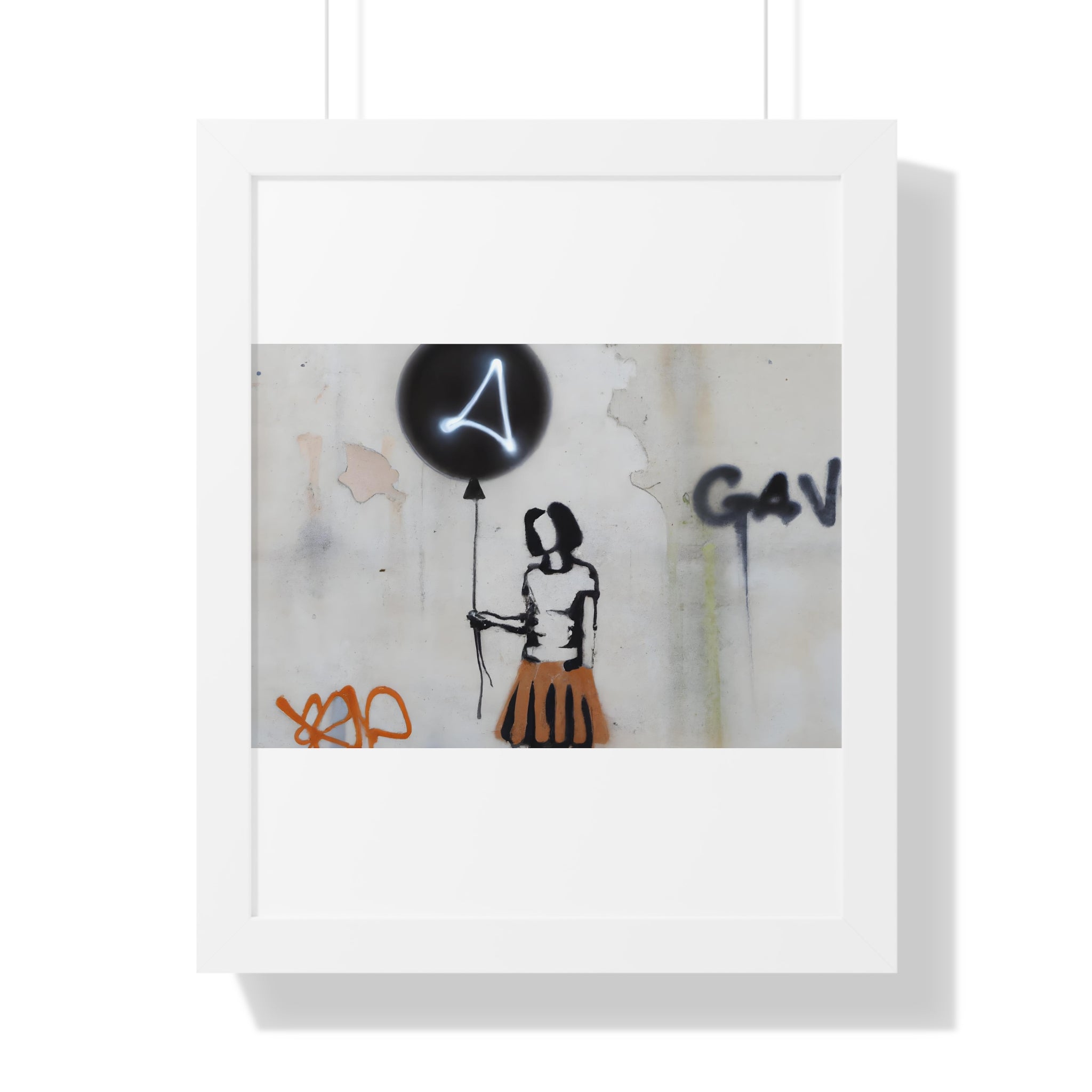 "BANKSY-STYLE GRAFFITI OF A WOMAN IN SKIRT HOLDING A BALLOON" Framed Vertical Poster