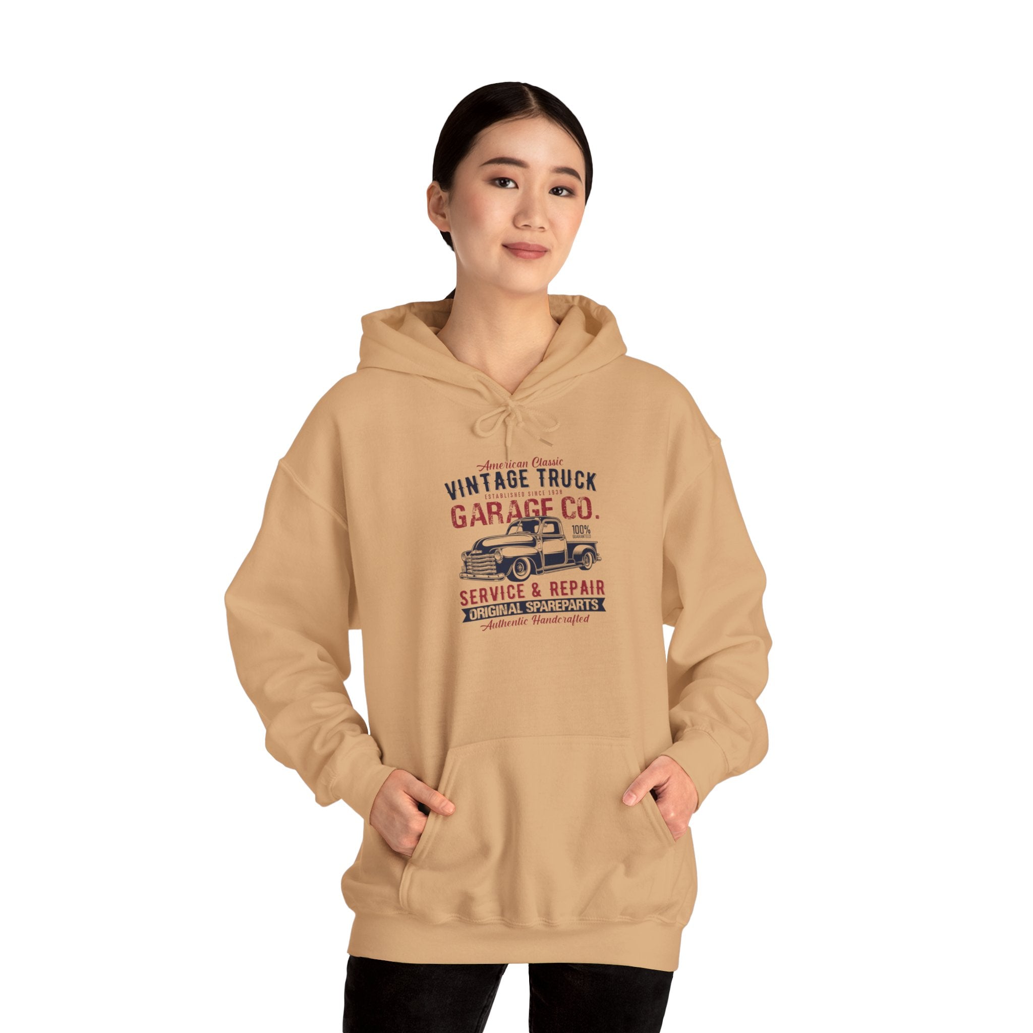 "AMERICAN CLASSIC VINTAGE TRUCK ESTABLISHED SINCE 1938 GARAGE CO. SERVICE & REPAIR ORIGINAL SPARE PARTS AUTHENTIC HANDCRAFTED" Unisex Heavy Blend™ Hooded Sweatshirt