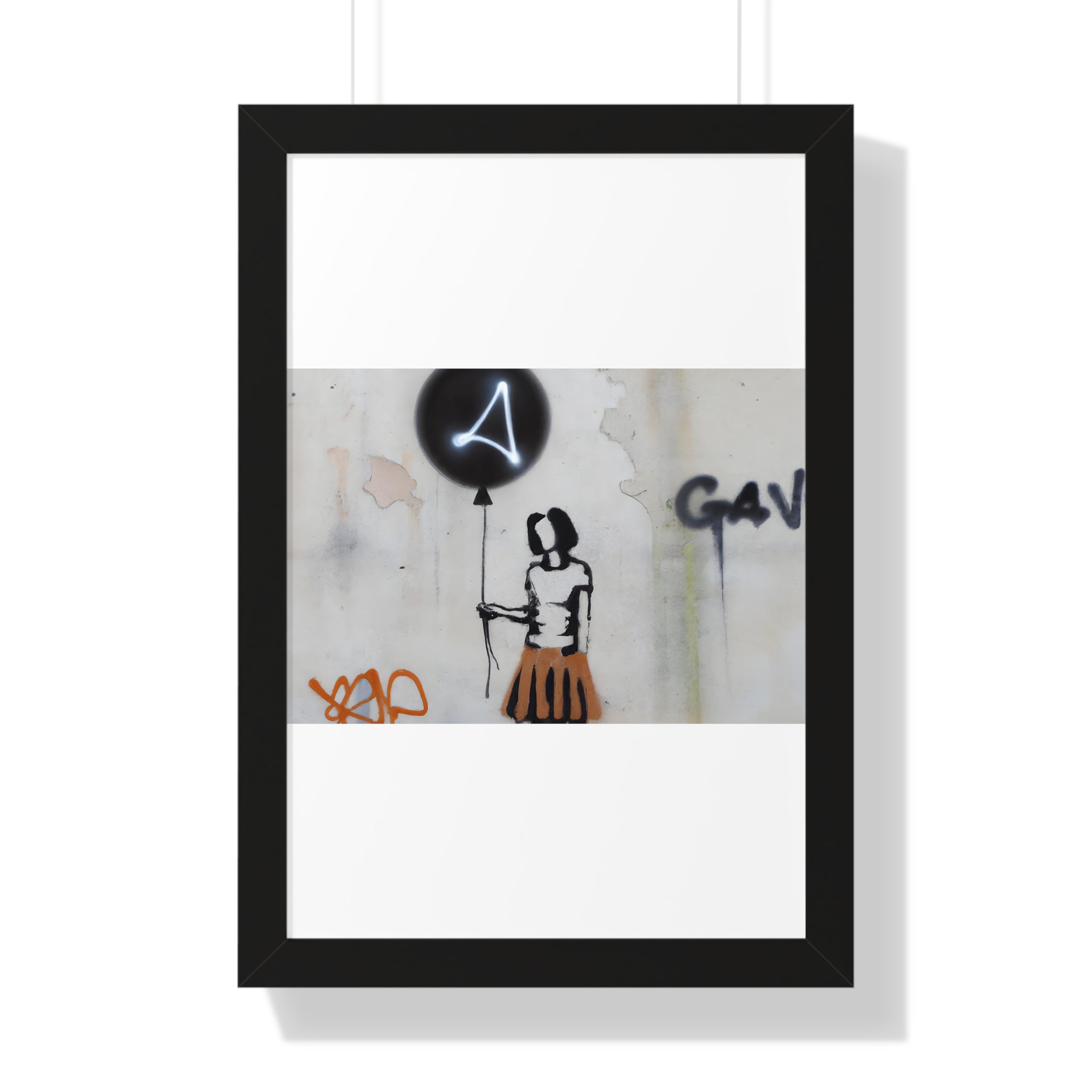 "BANKSY-STYLE GRAFFITI OF A WOMAN IN SKIRT HOLDING A BALLOON" Framed Vertical Poster