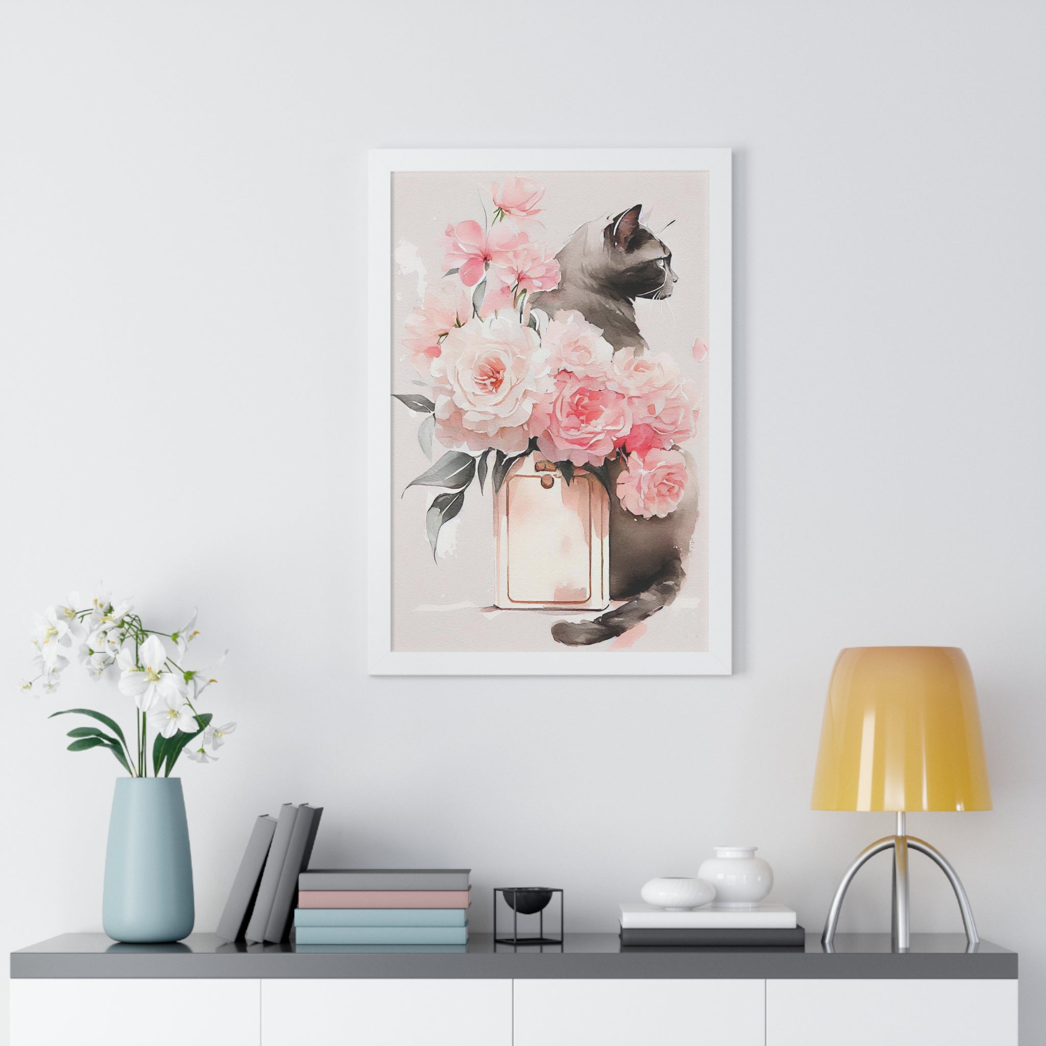 "BLACK CAT PERFUME PEONIES" Framed Vertical Poster