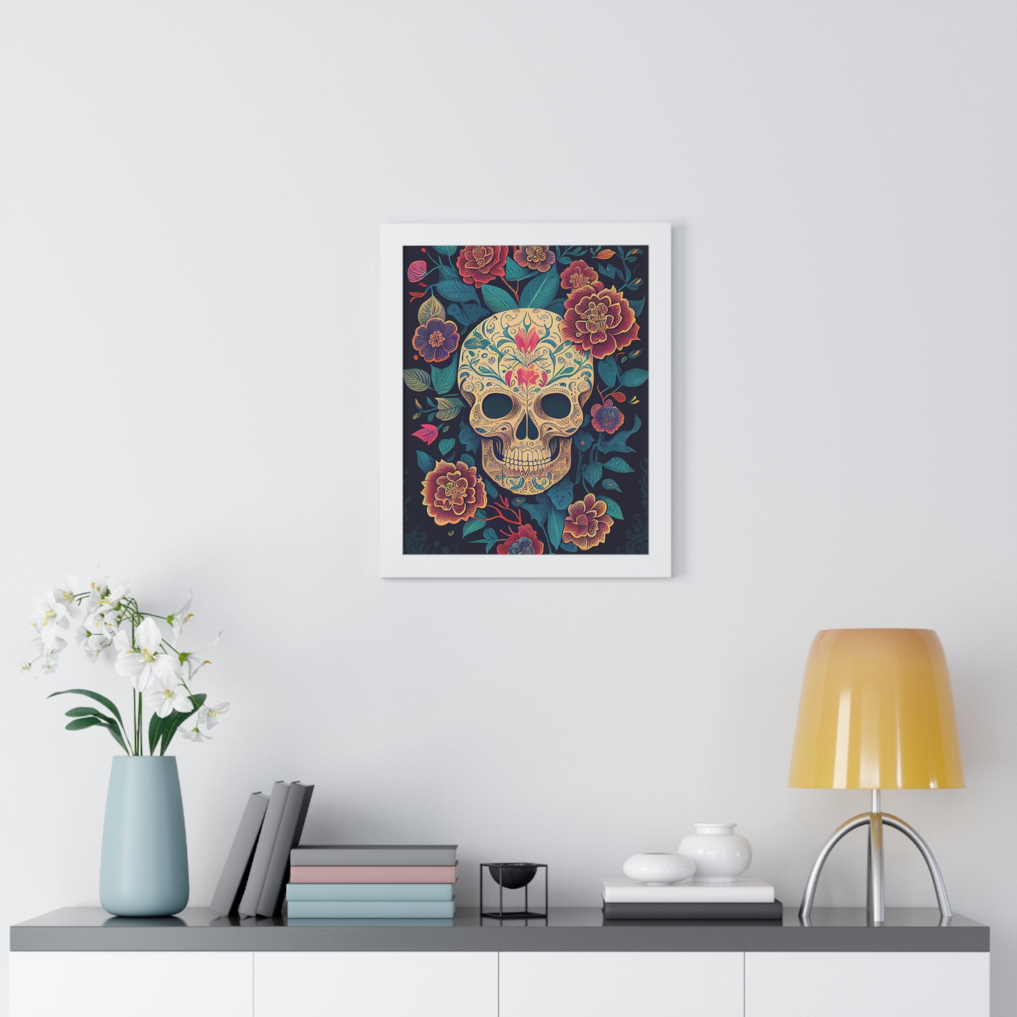 "BEIGE CHINOISERIE SUGAR SKULL" Framed Vertical Poster