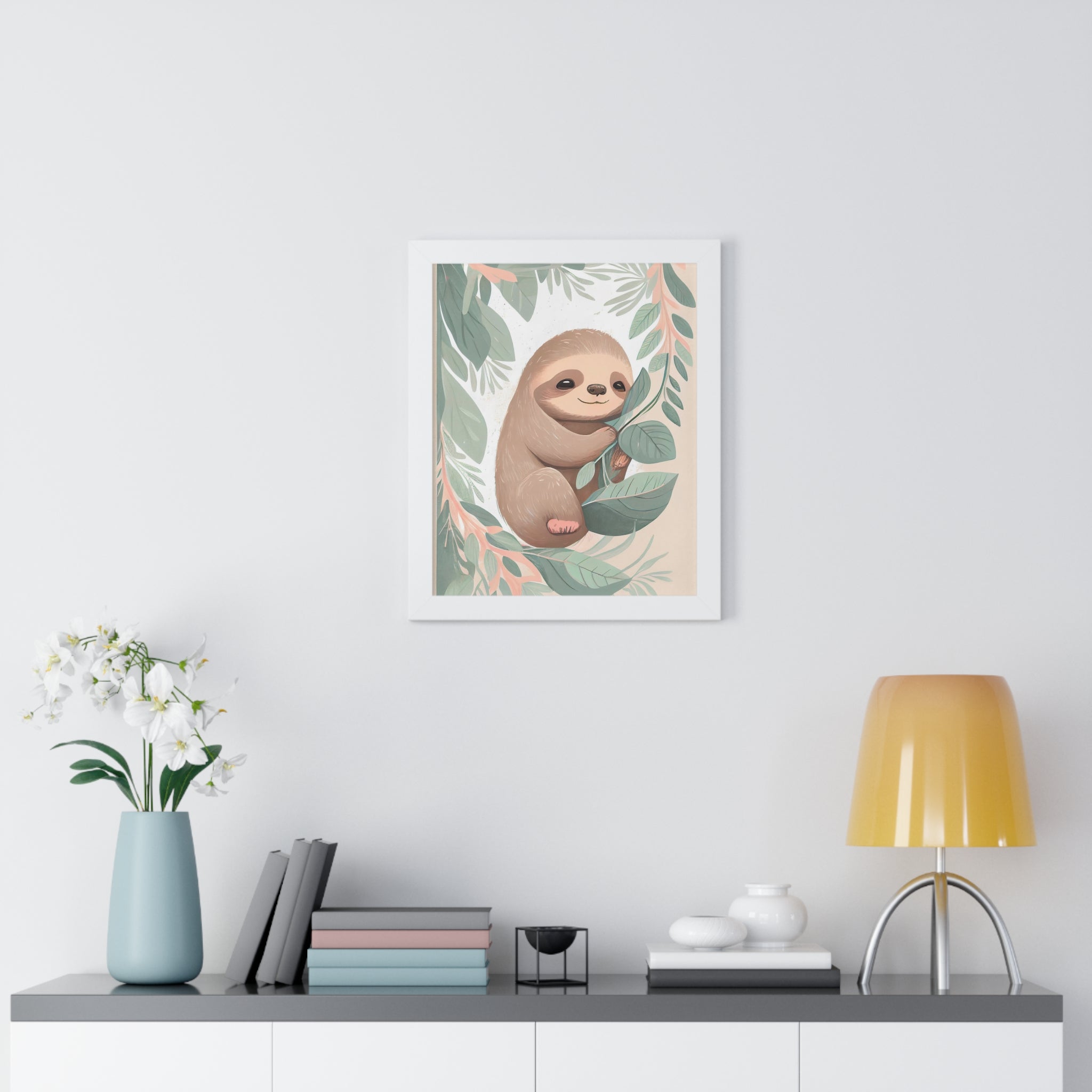 "ABSTRACT BABY SLOTH ON LEAF" Framed Vertical Poster