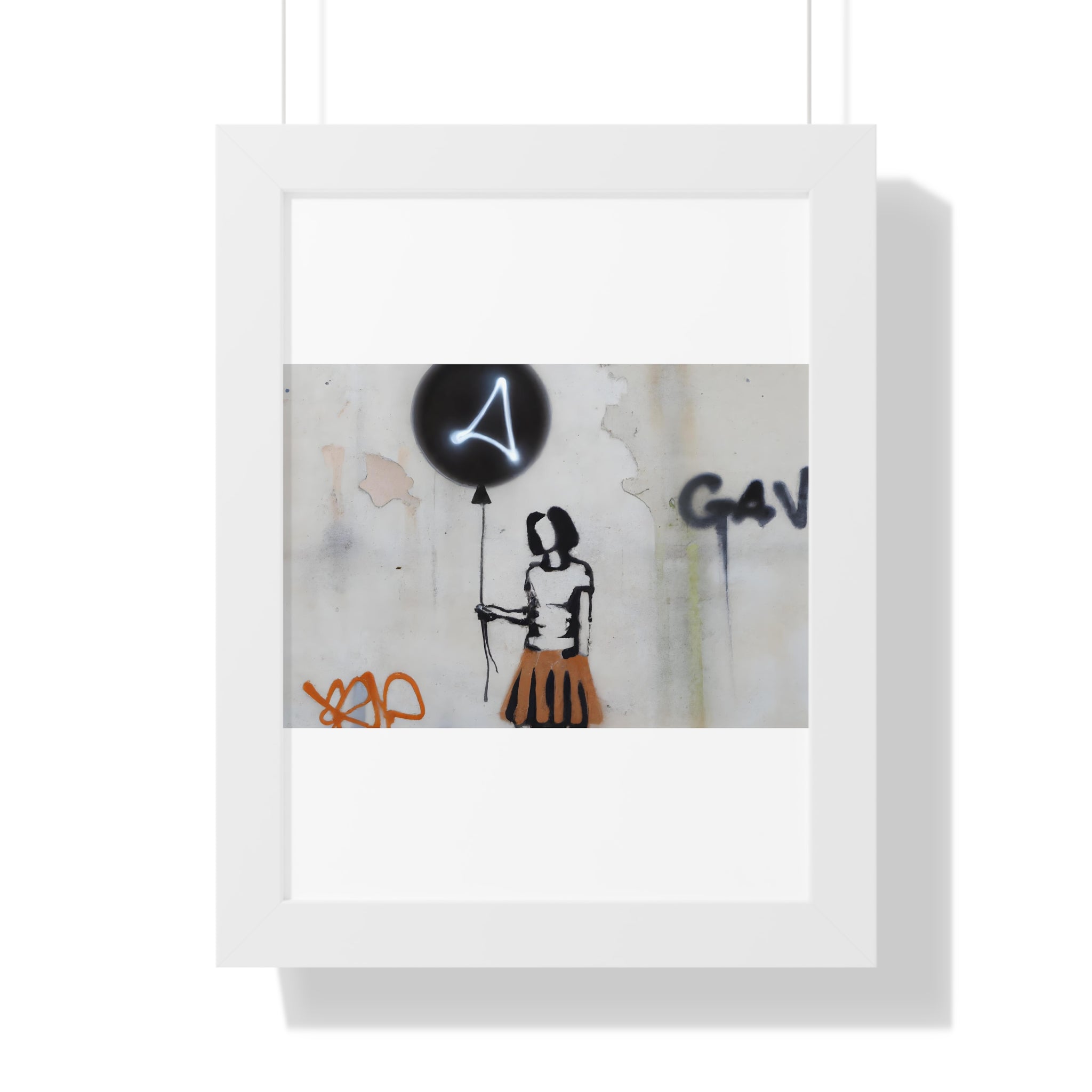 "BANKSY-STYLE GRAFFITI OF A WOMAN IN SKIRT HOLDING A BALLOON" Framed Vertical Poster