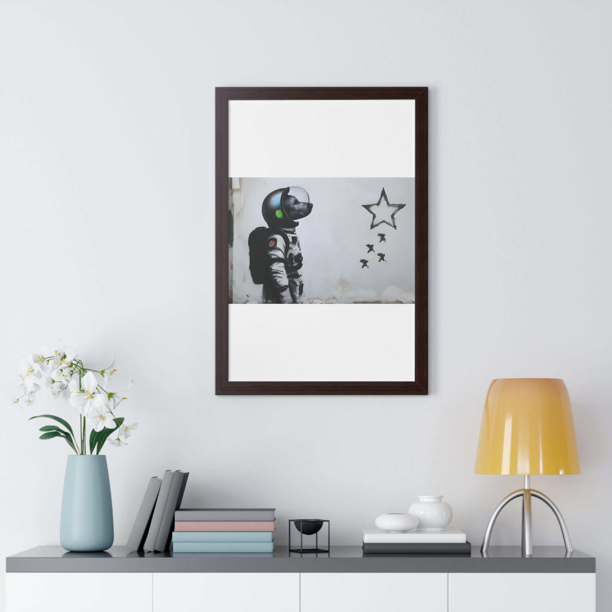 "BANKSY-STYLE ASTRONAUT DOG LOOKING TO THE STARS" Framed Vertical Poster