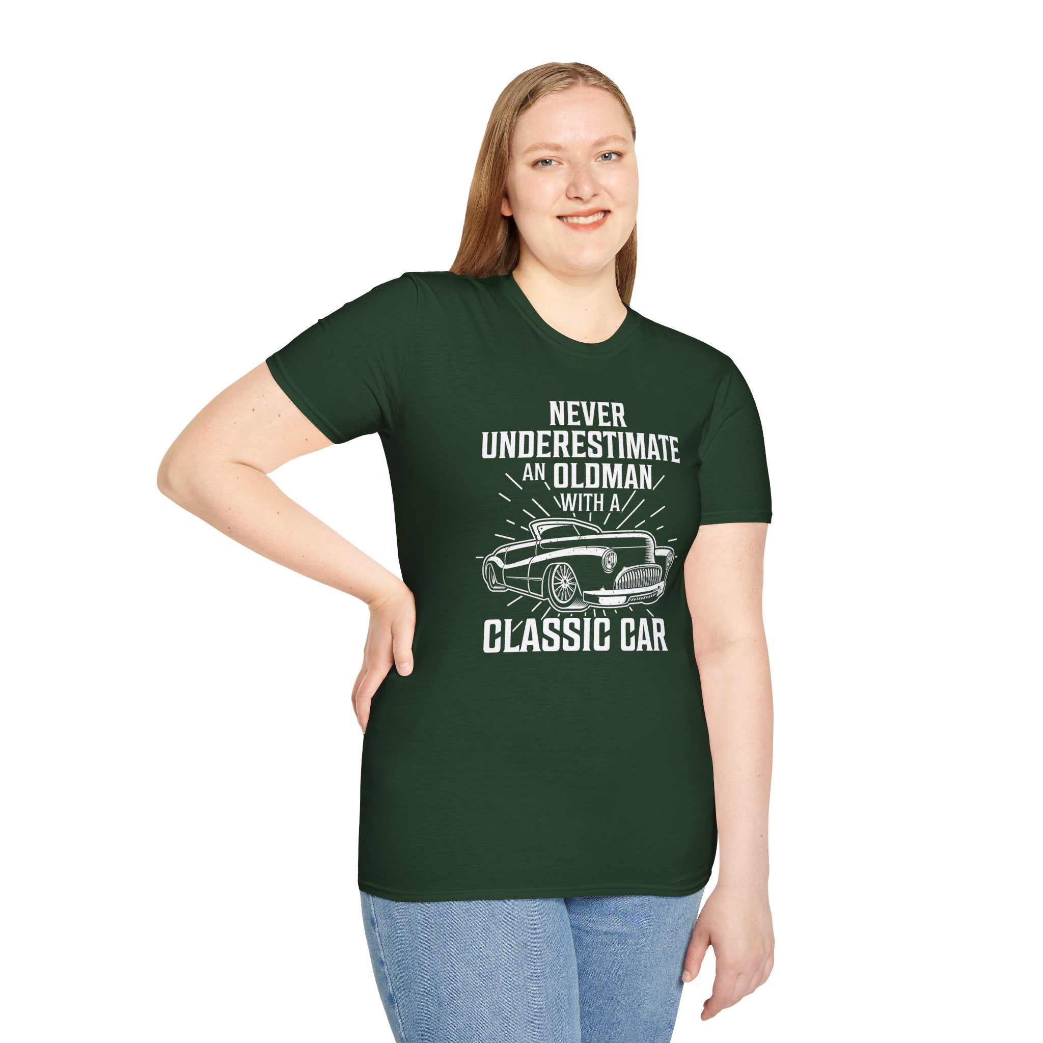 "NEVER UNDERESTIMATE AN OLD MAN WITH A CLASSIC CAR" Unisex Soft style T-Shirt