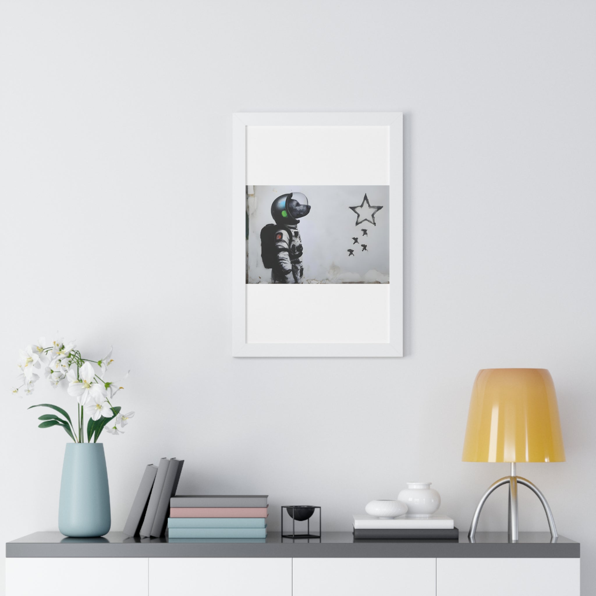 "BANKSY-STYLE ASTRONAUT DOG LOOKING TO THE STARS" Framed Vertical Poster