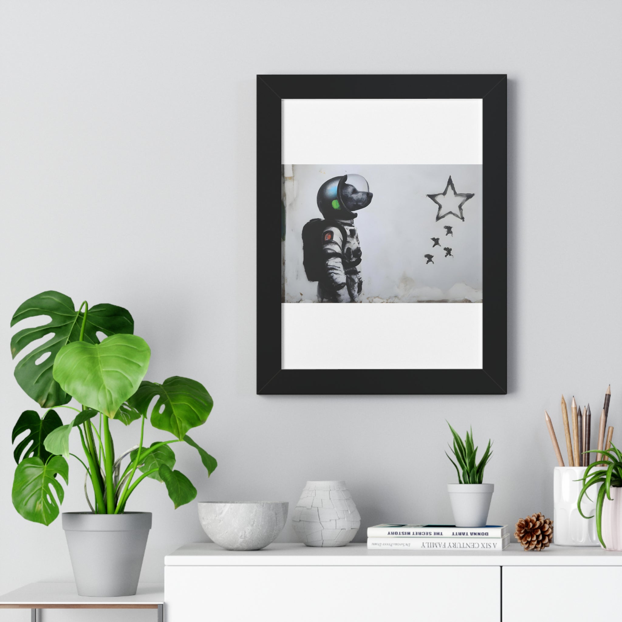 "BANKSY-STYLE ASTRONAUT DOG LOOKING TO THE STARS" Framed Vertical Poster