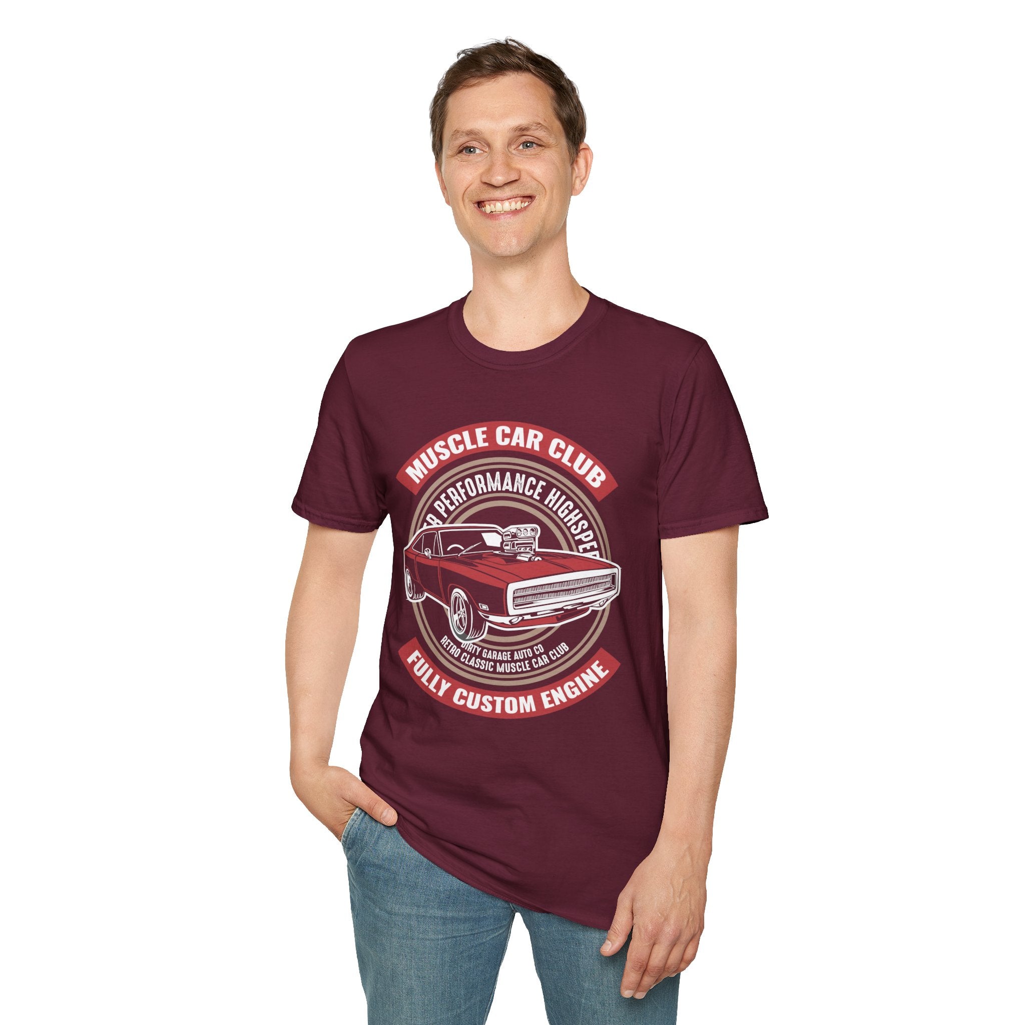 "MUSCLE CAR CLUB FULLY CUSTOM ENGINE" Unisex Soft style T-Shirt