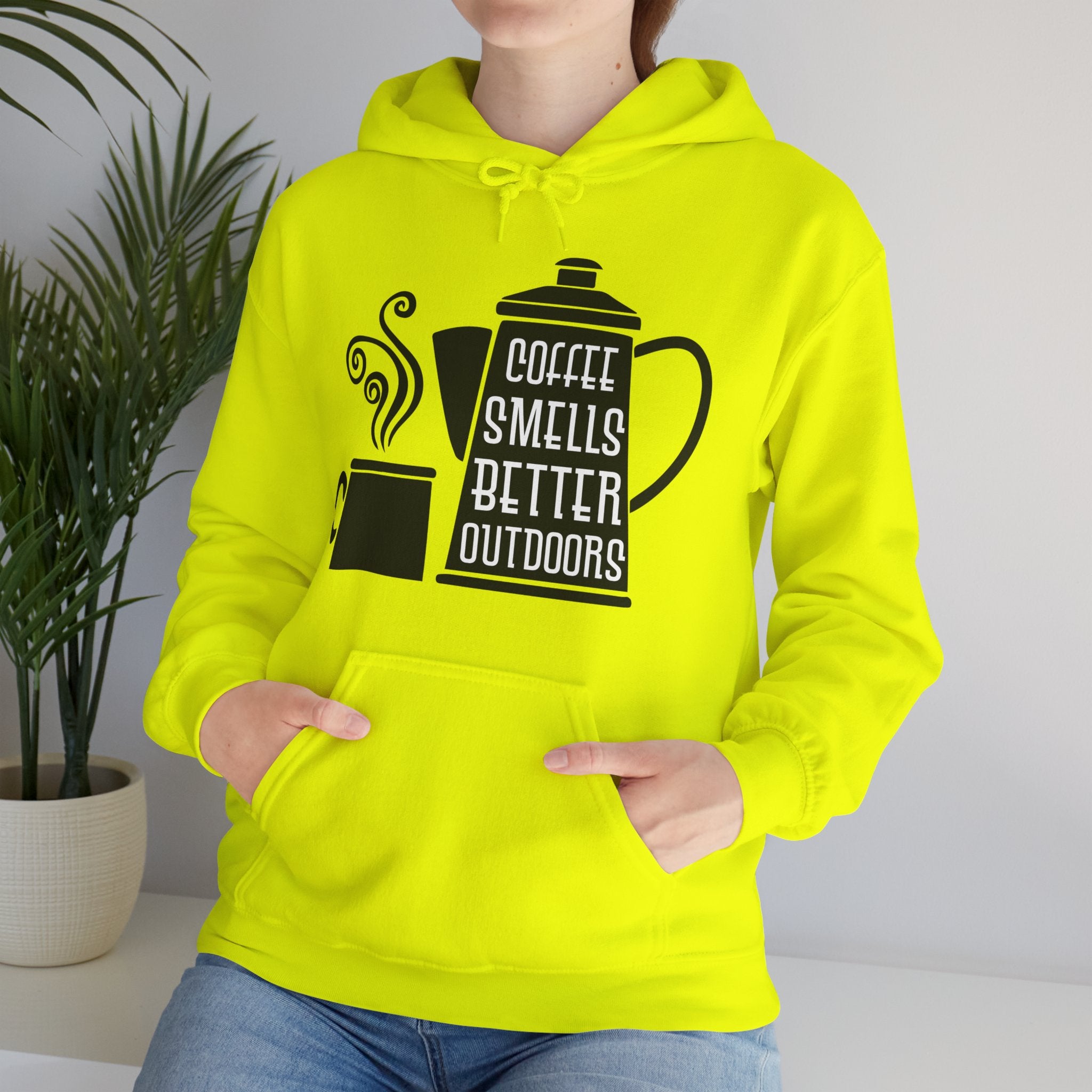 "COFFEE SMELLS BETTER OUTDOORS" Unisex Heavy Blend™ Hooded Sweatshirt