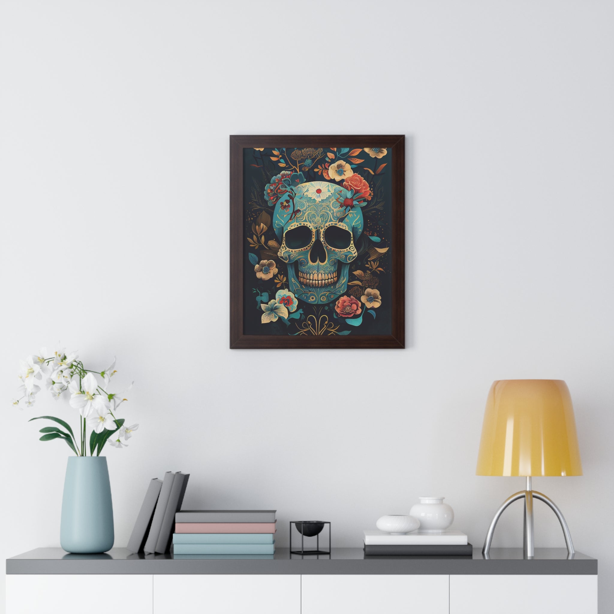 "BLUE CHINOISERIE SUGAR SKULL" Framed Vertical Poster