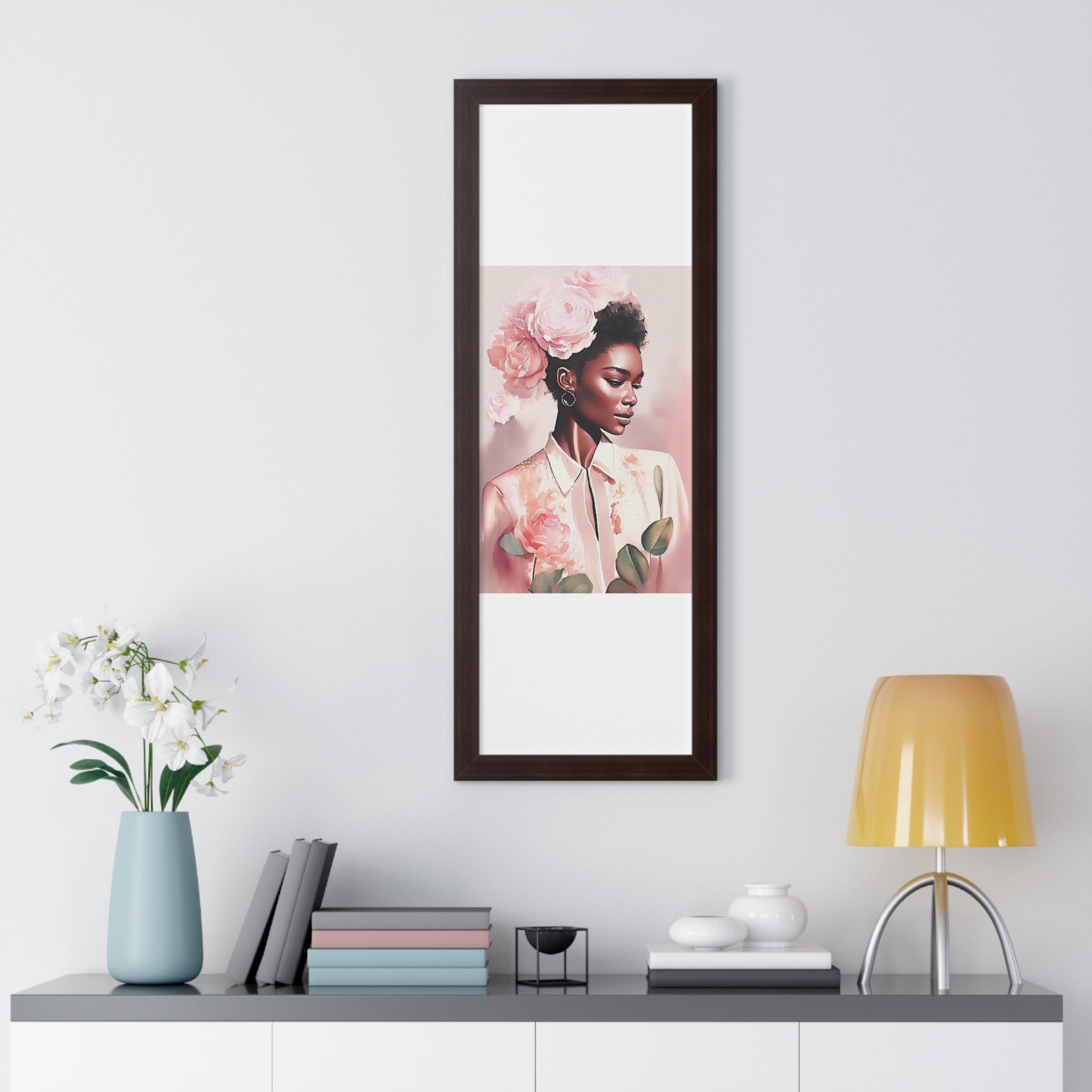 "BLACK WOMAN PEONIES" Framed Vertical Poster