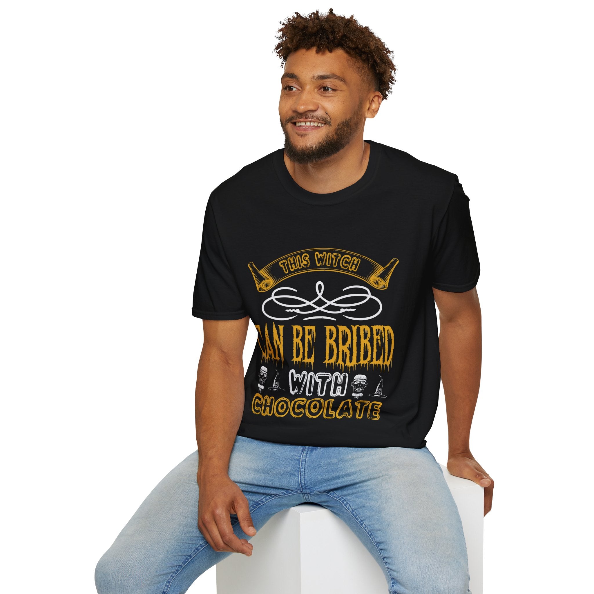 "THIS WITCH CAN BE BRIBED WITH CHOCOLATE" Unisex Soft style T-Shirt