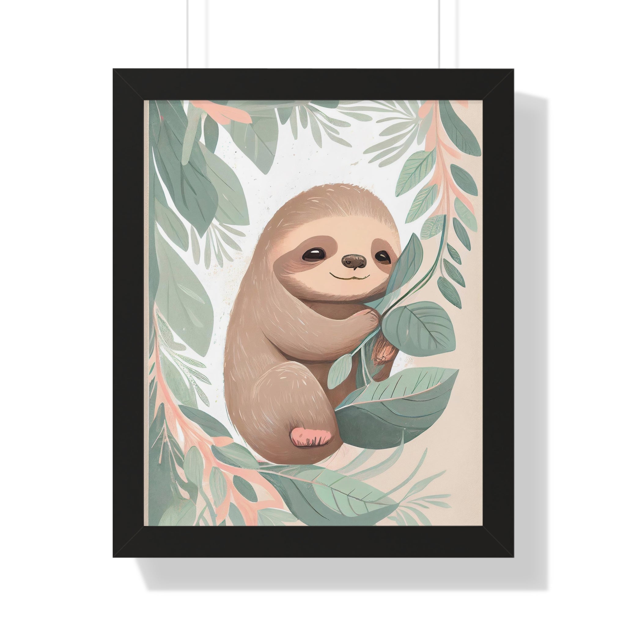 "ABSTRACT BABY SLOTH ON LEAF" Framed Vertical Poster