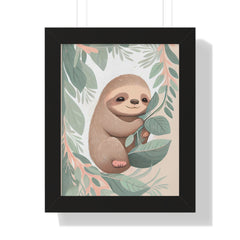 "ABSTRACT BABY SLOTH ON LEAF" Framed Vertical Poster