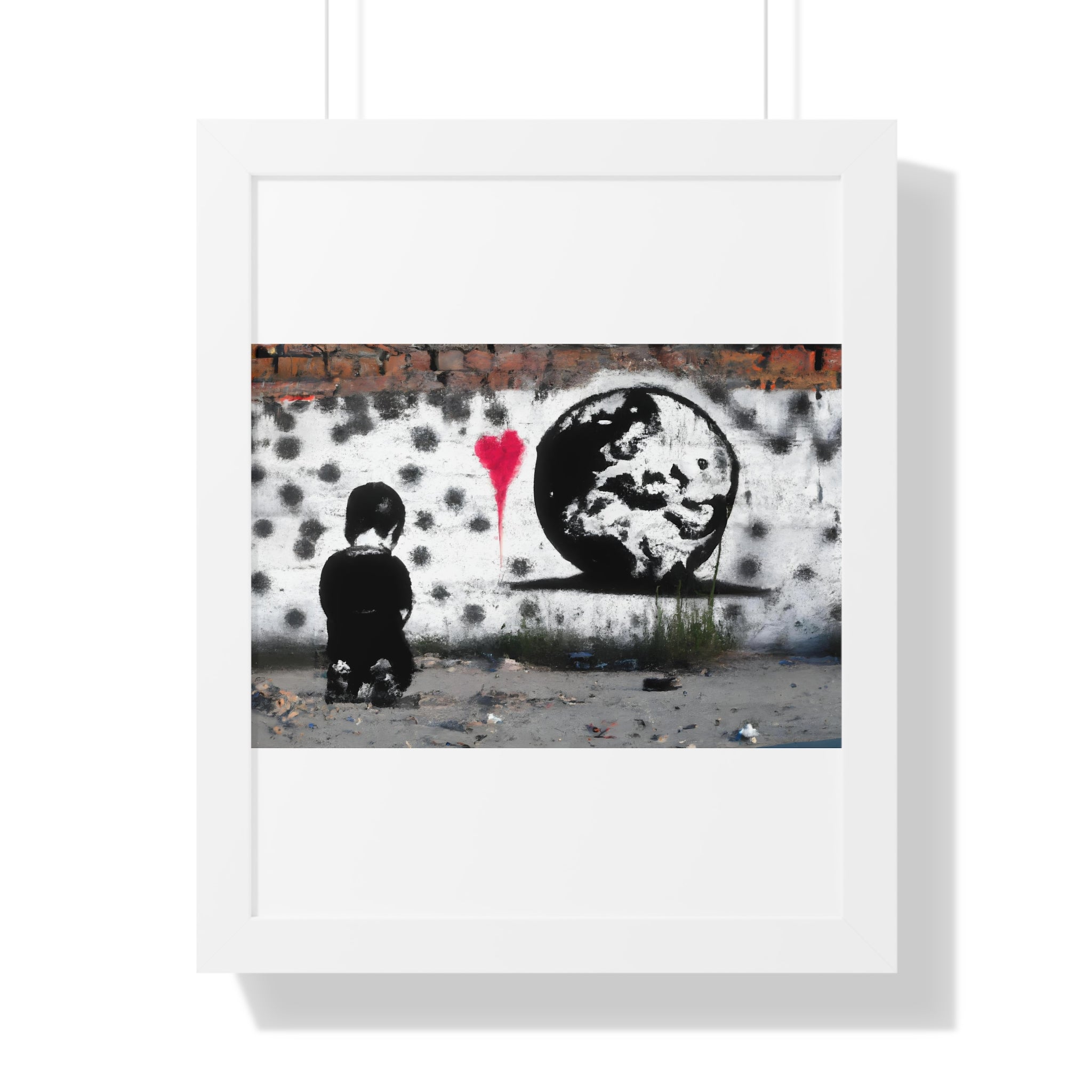 "BANKSY-STYLE GRAFFITI OF A SAD CHILD LOOKING AT DESTROYED EARTH" Framed Vertical Poster