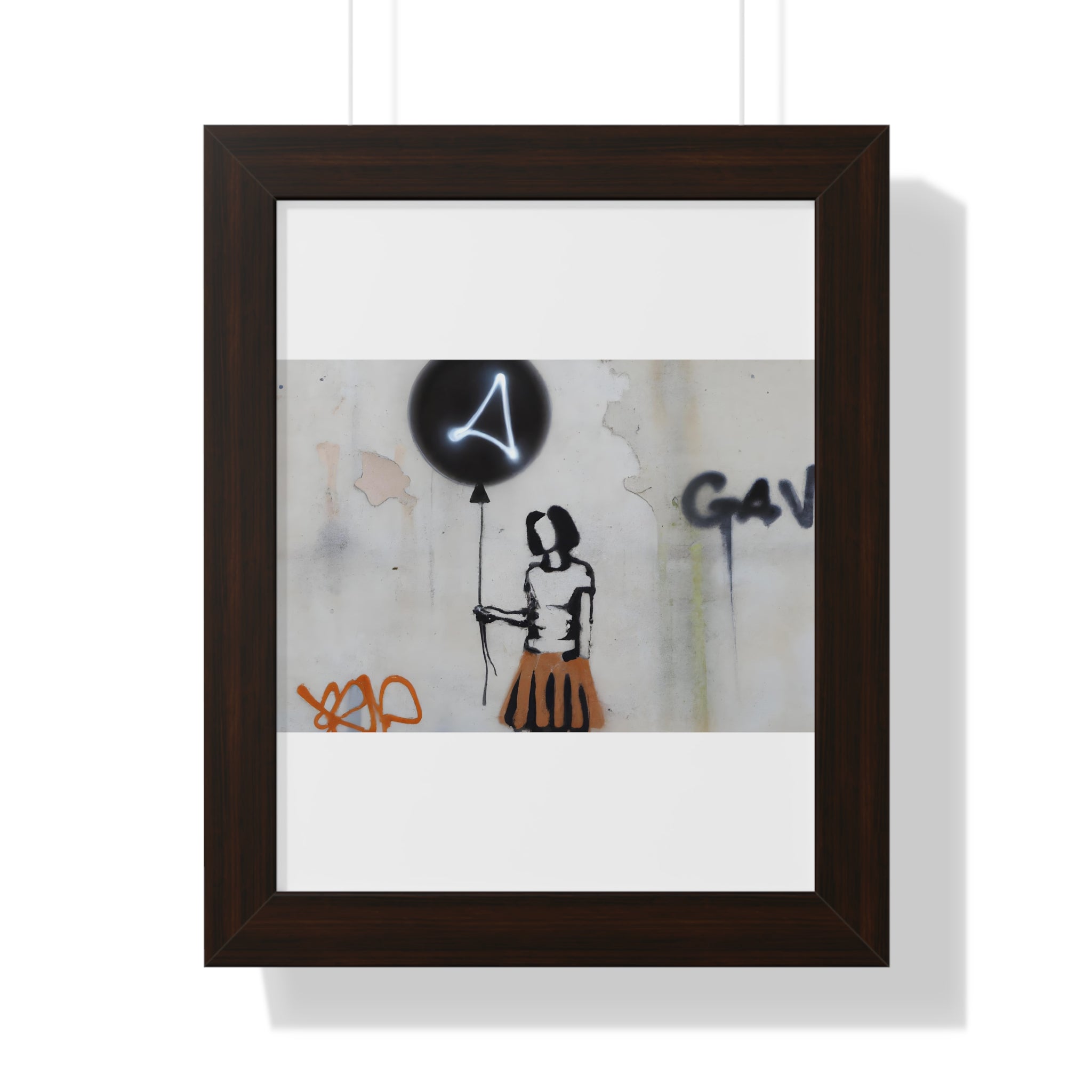 "BANKSY-STYLE GRAFFITI OF A WOMAN IN SKIRT HOLDING A BALLOON" Framed Vertical Poster